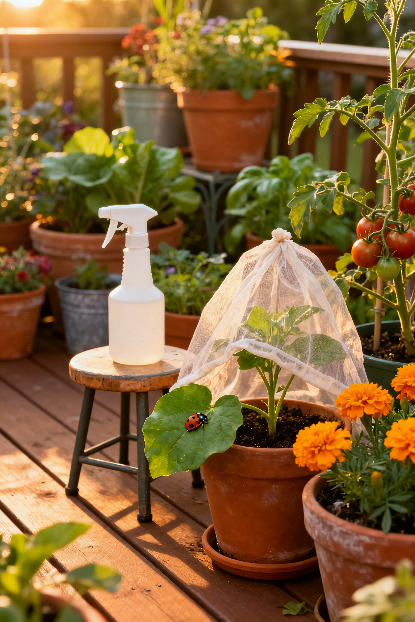 A thriving container garden with marigolds and a mesh cover on a potted plant, symbolizing natural integrated pest management techniques.