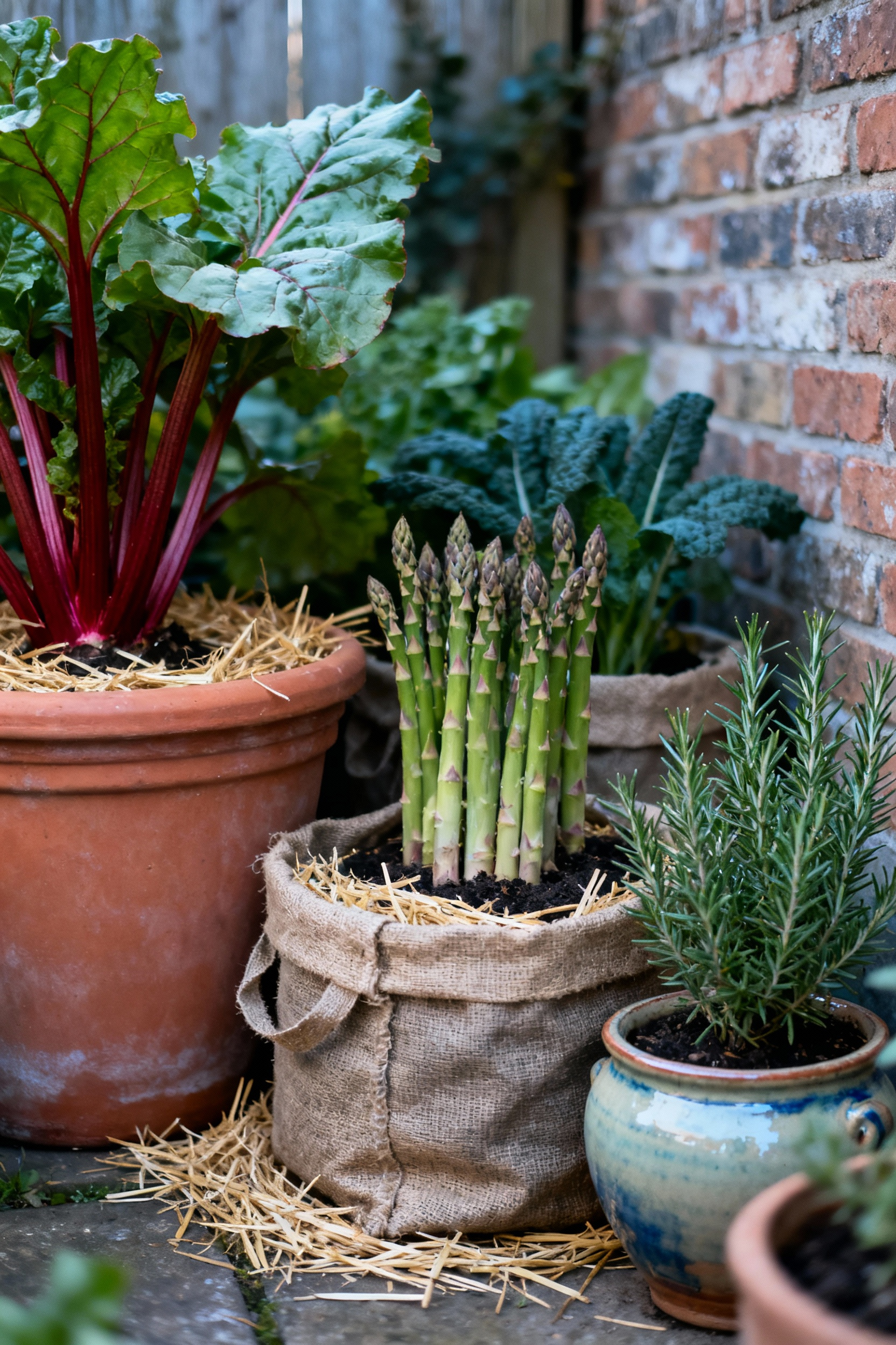 Overwintered perennial container vegetables protected from winter in a sheltered patio corner with burlap and straw mulch.