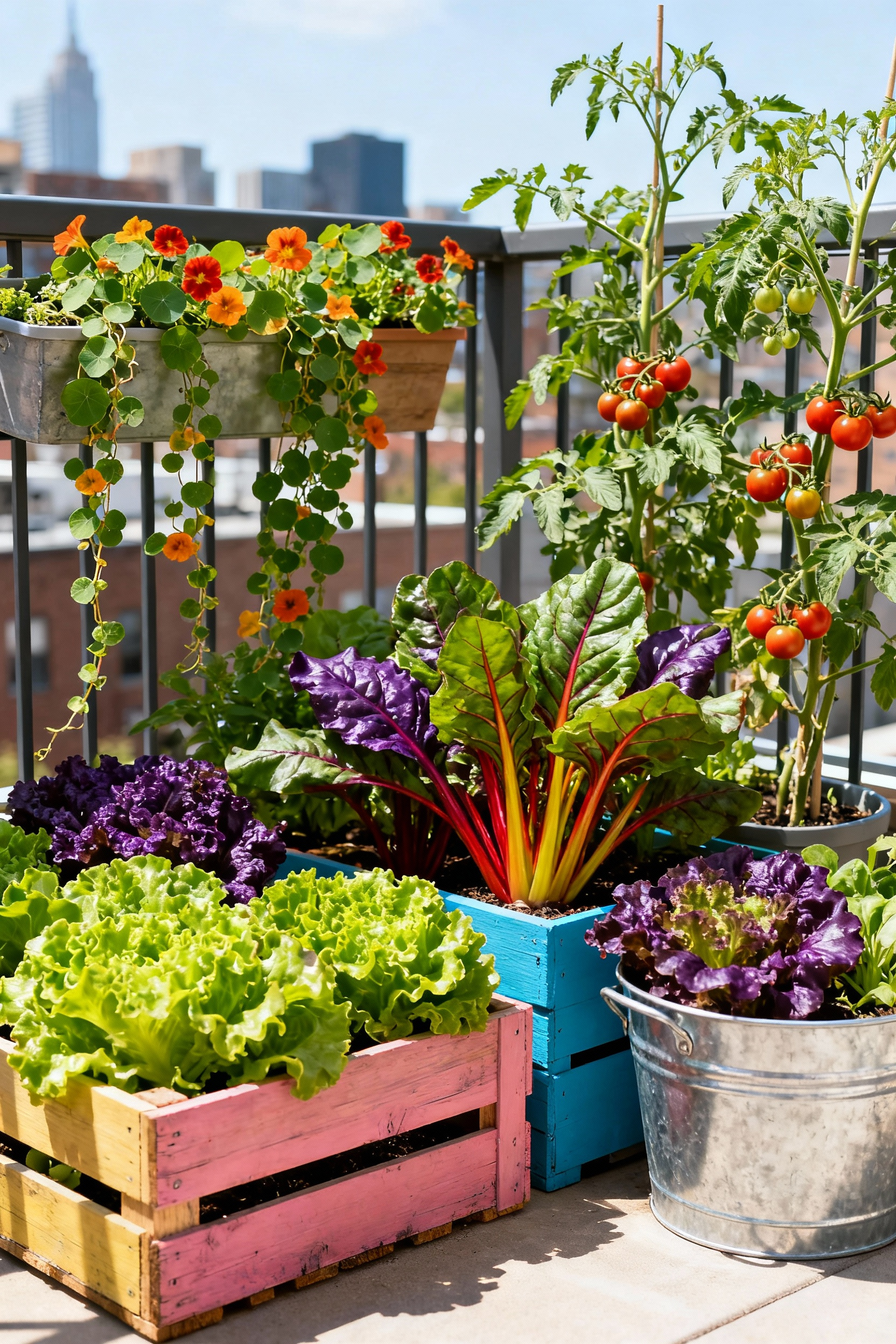 Aesthetic and edible container garden design on a balcony, featuring a mix of vegetables like Swiss chard, lettuce, tomatoes, herbs, and nasturtiums in repurposed pots and crates, showing a blend of form and function for productive spaces.