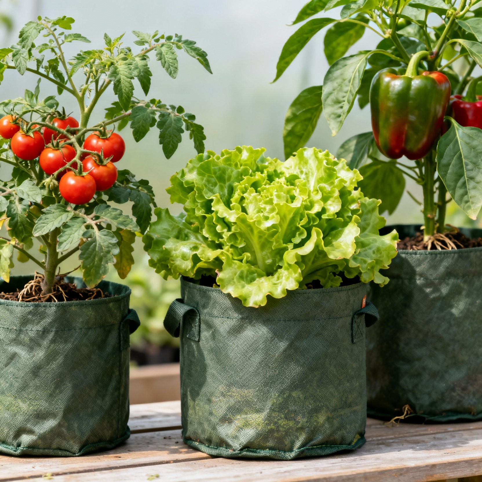 Container vegetable garden featuring a variety of healthy plants like tomatoes, lettuce, and bell peppers in correctly sized fabric grow bags, highlighting their breathability and promotion of robust root systems.