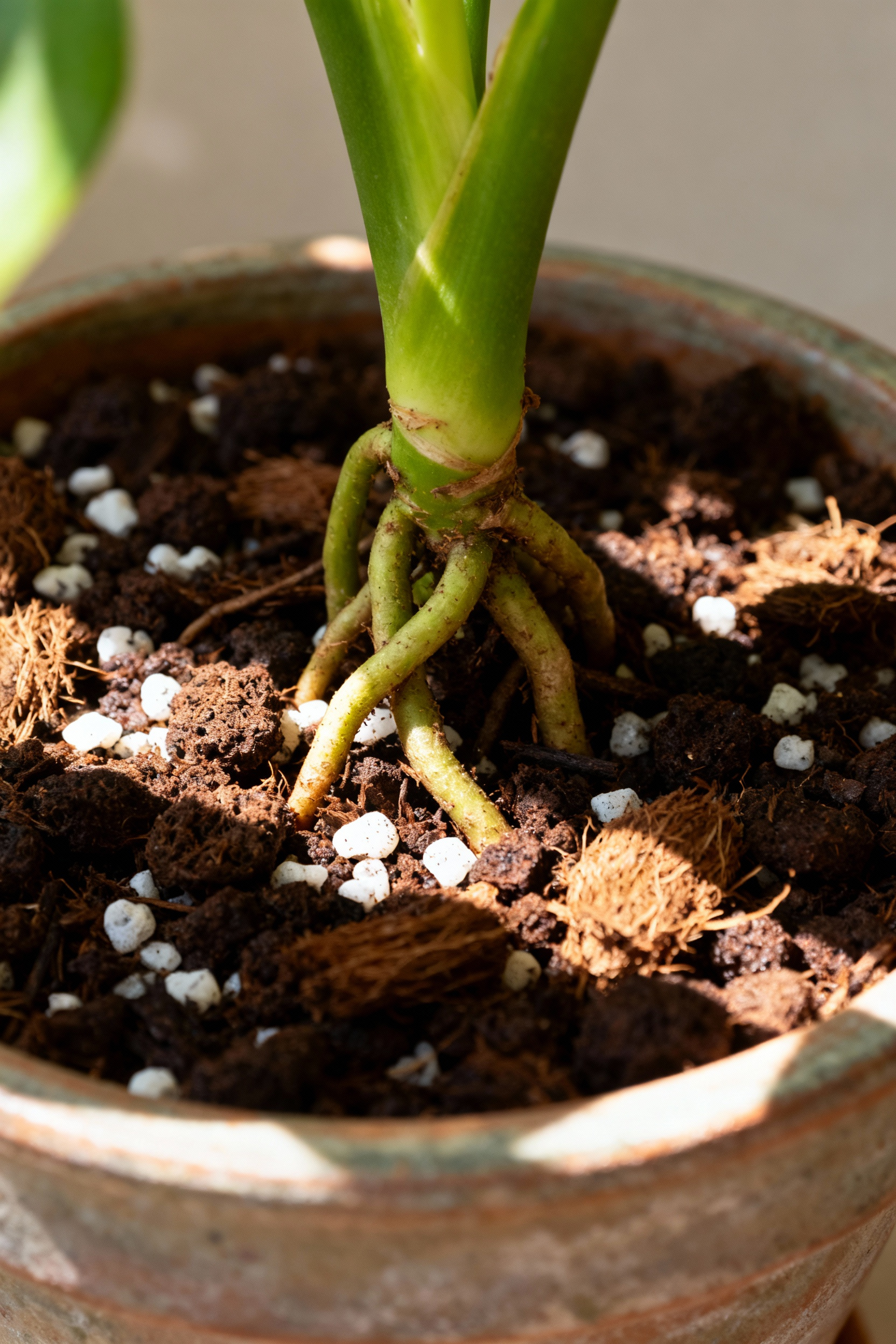 Close-up of fluffy, rich drainage-rich potting mix in a rustic terracotta pot, with tiny green seedlings emerging, soft natural light, shallow depth of field, implying robust growth.