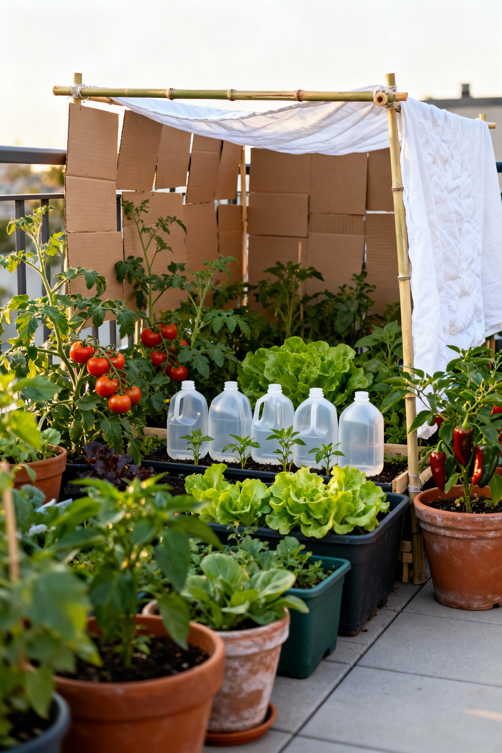 Container vegetable garden featuring DIY micro-climate protection like cardboard screens and plastic jug covers, shielding plants from extreme weather.