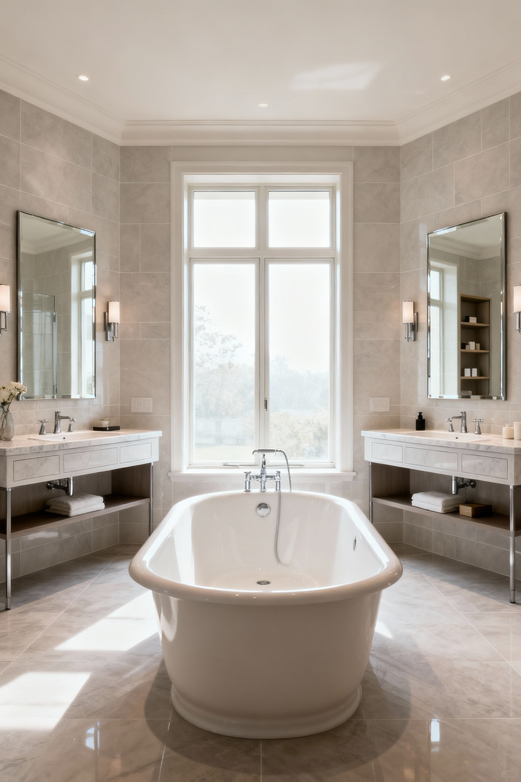 Luxury bathroom showcasing perfect proportionality, visual equilibrium, and harmonious design elements like a freestanding tub, dual vanities, and large mirrors under natural light.