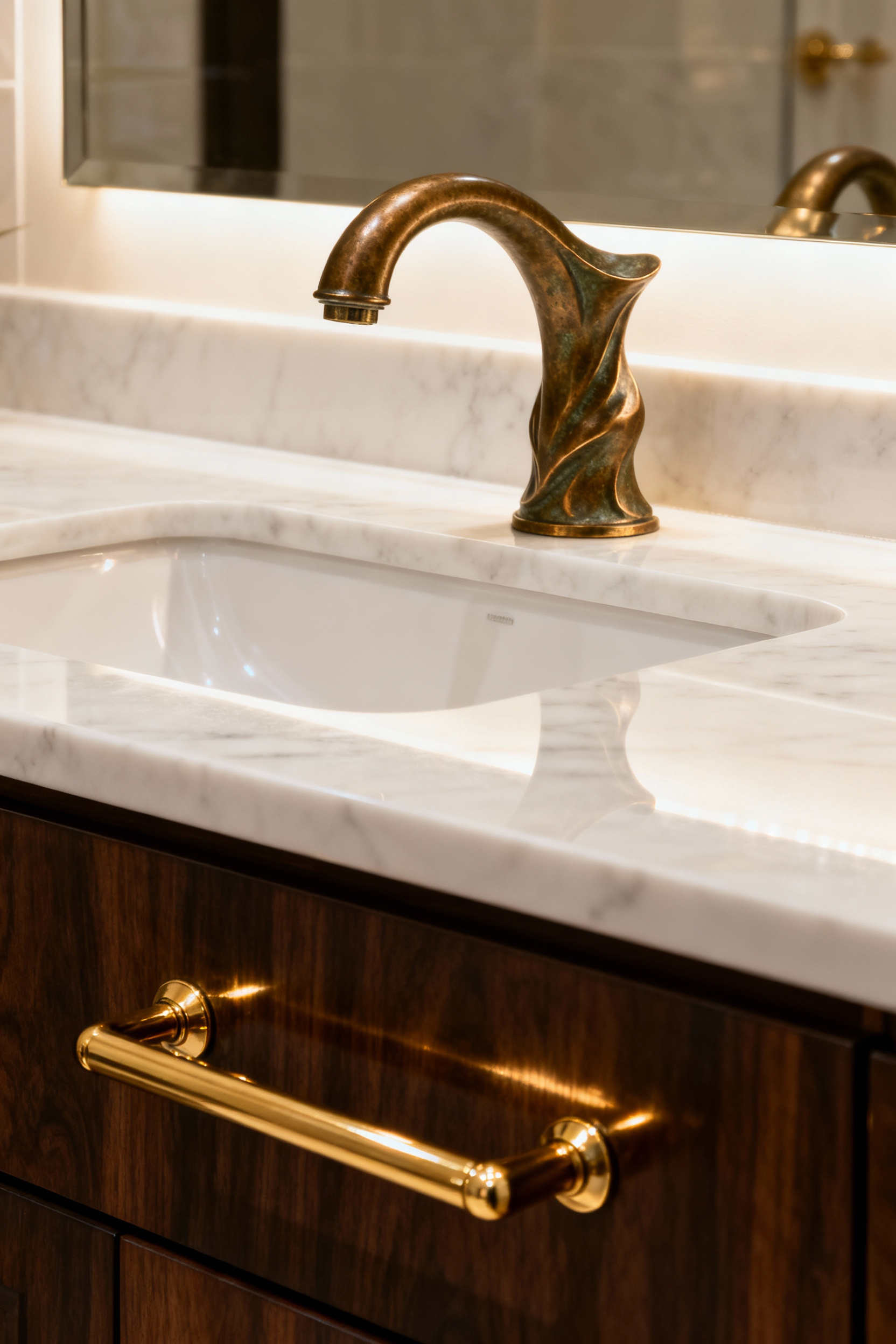 Luxurious bathroom featuring a patinated bronze faucet and lustrous brass accents, showcasing refined metal design.