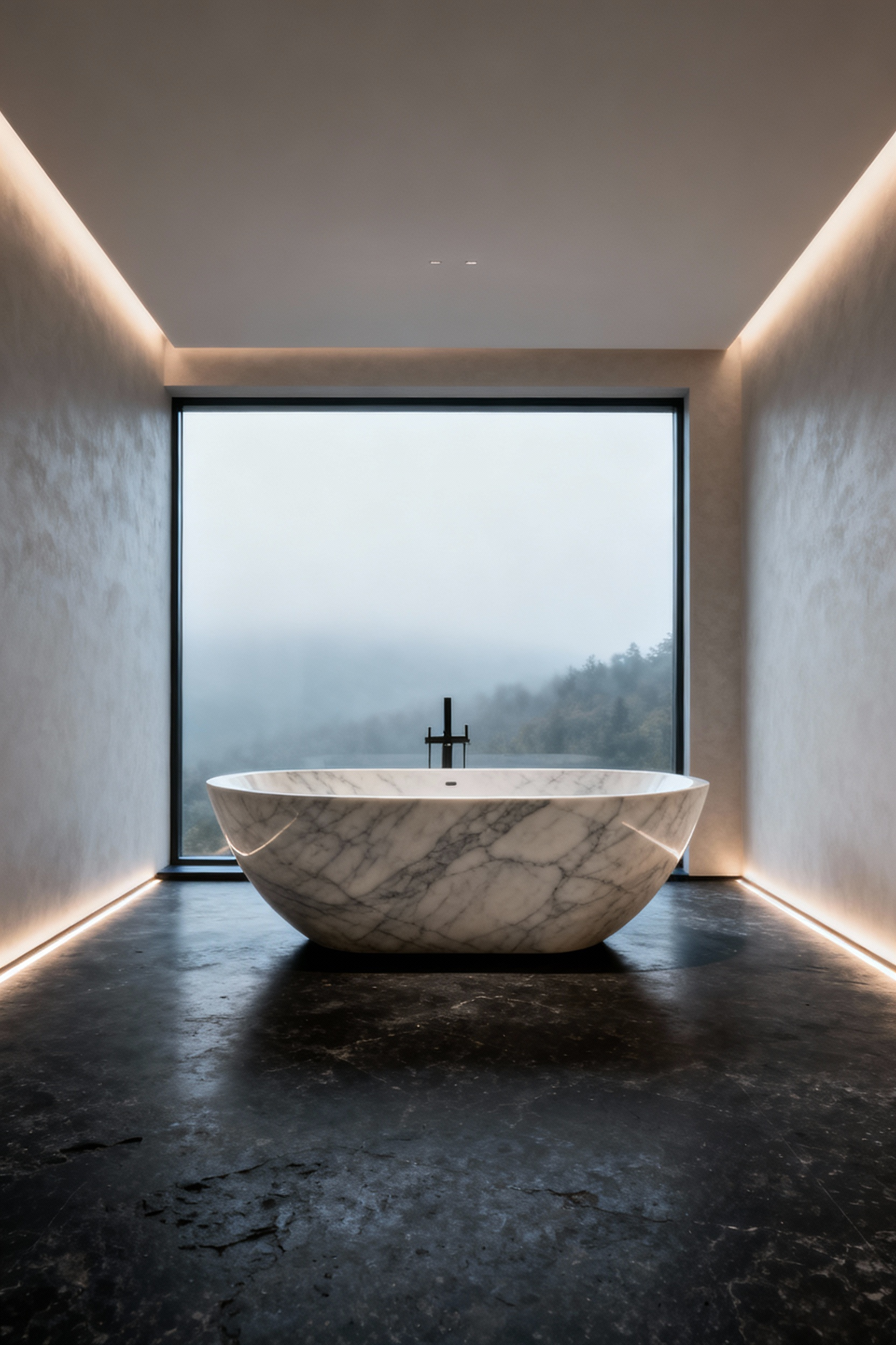 A sculptural freestanding Carrara marble bathtub centered in a luxury minimalist bathroom with basalt flooring and indirect cove lighting.