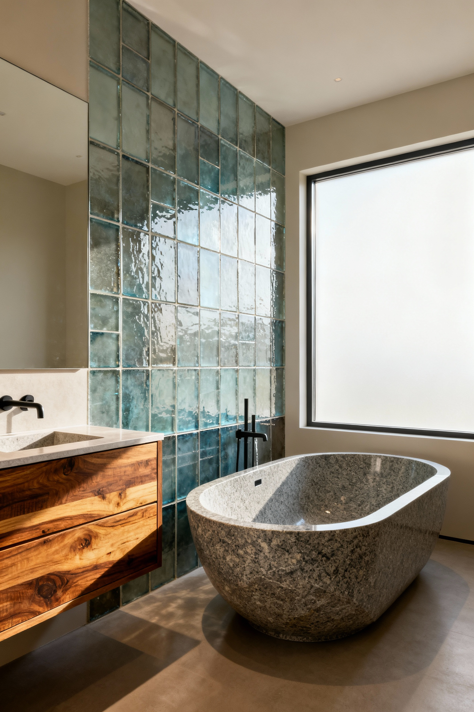Luxurious bathroom with reclaimed walnut vanity, recycled glass tiles, and granite tub, showcasing sustainable design choices.