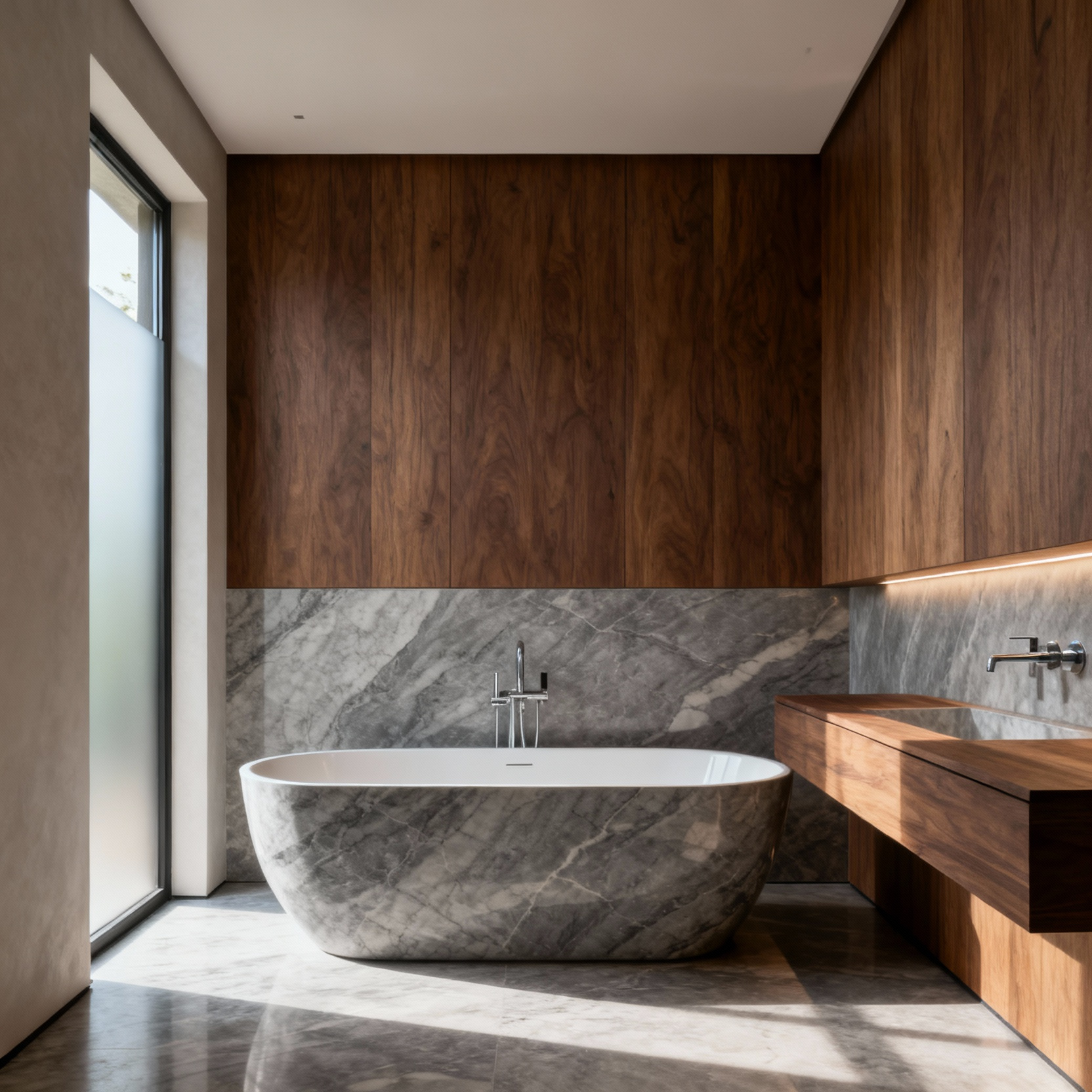 Luxurious custom bathroom interior featuring a Grigio Carnico marble soaking tub, teak vanity, and bespoke wood paneling, embodying a personal design lexicon.