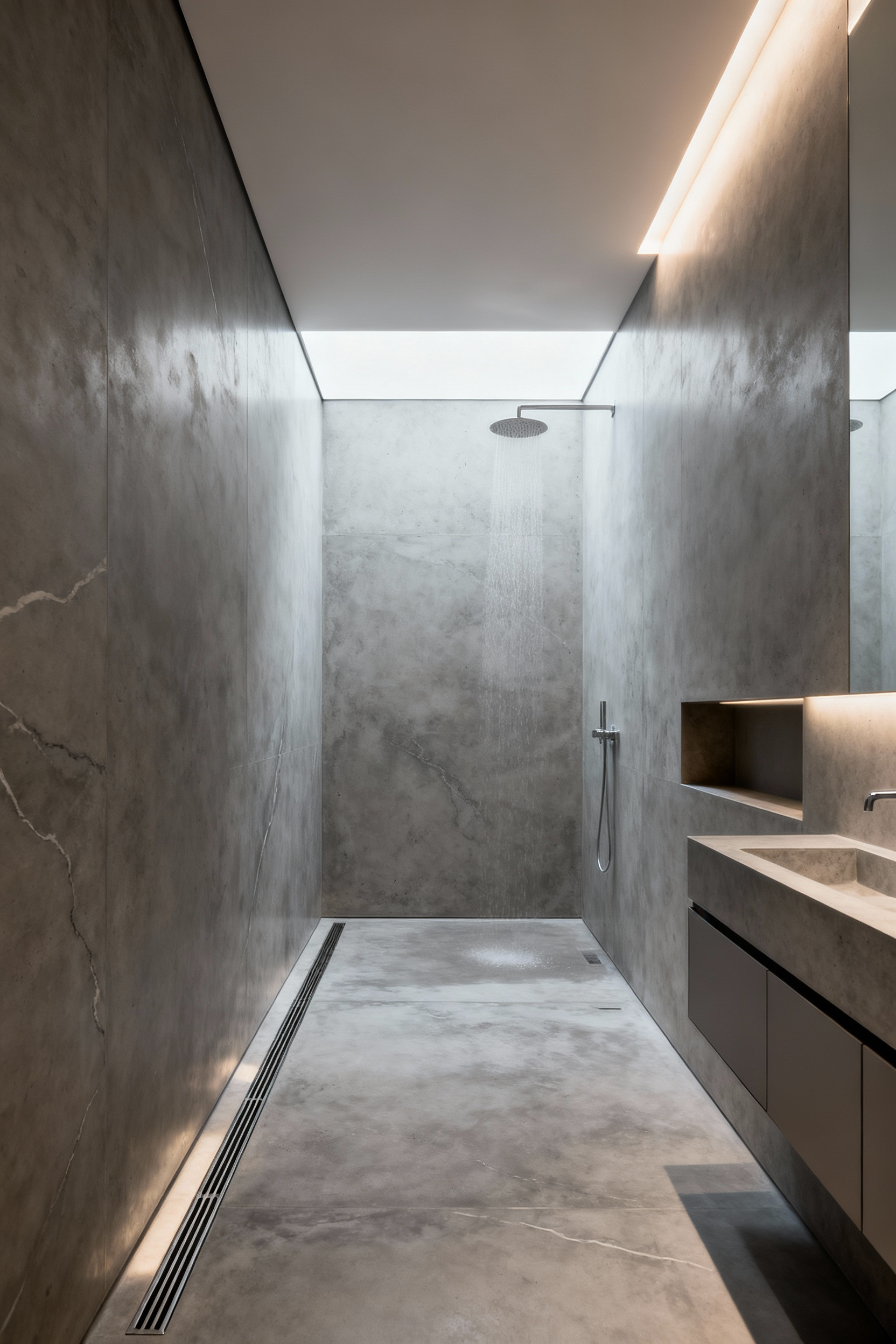 Luxurious bespoke wet room interior with seamless polished concrete walls and floor, featuring a concealed linear drain and minimalist design, promoting functionality and elegance in modern bathroom architecture.