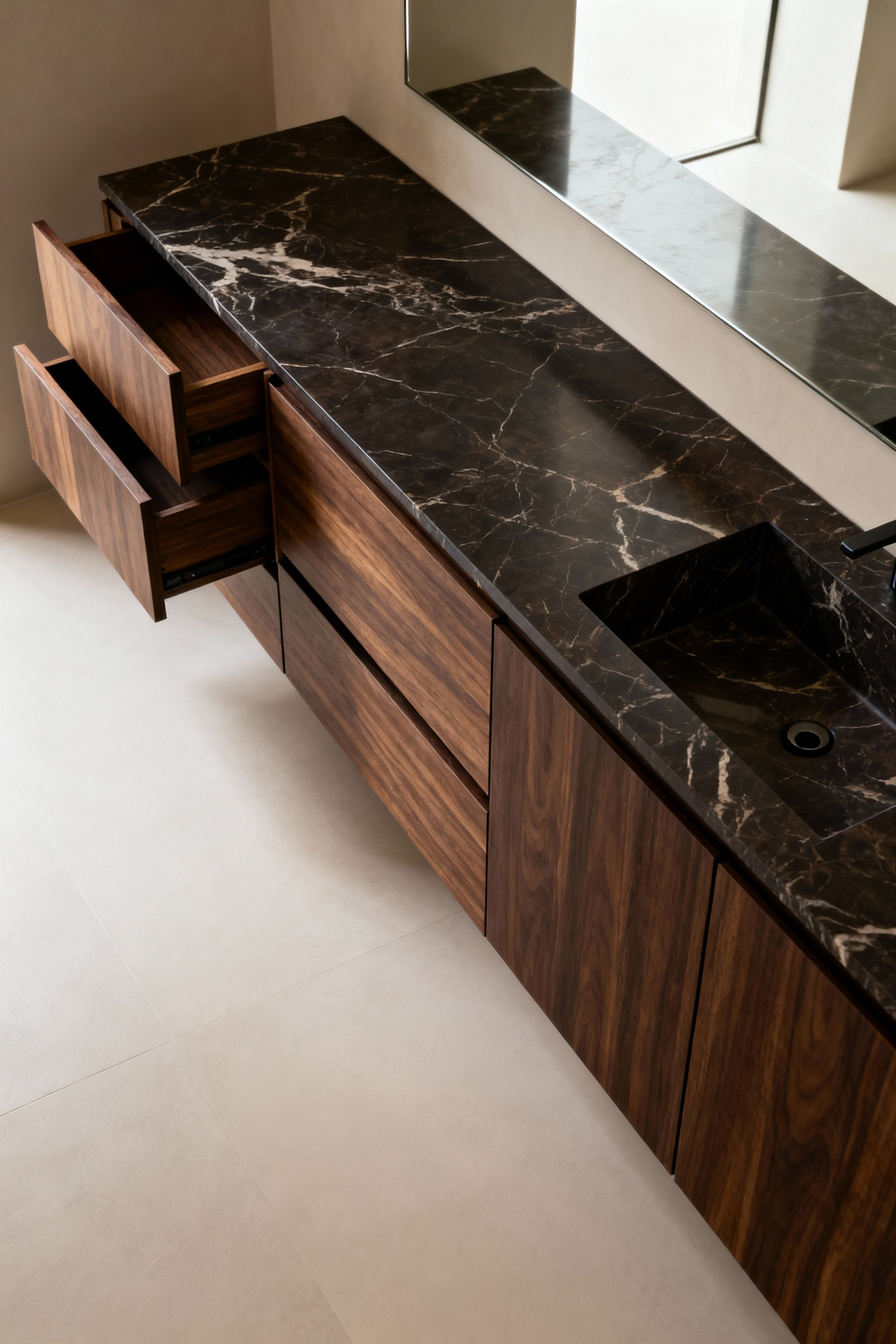 Luxury bathroom with seamless dark wood vanity panels concealing storage, representing integrated bathroom storage solutions for uncluttered serenity.