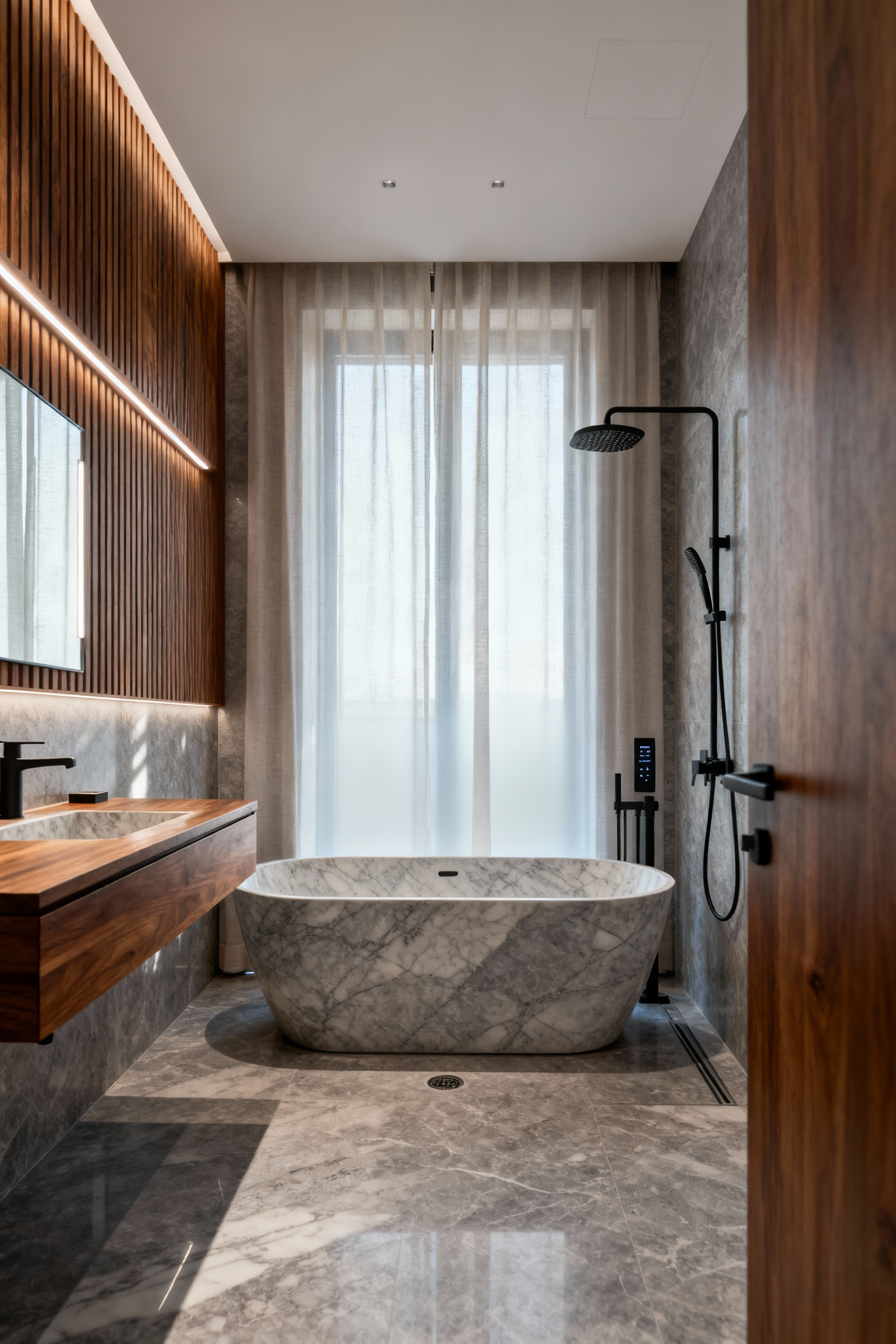 Luxurious custom bathroom interior featuring a Grigio Carnico marble soaking tub, teak vanity, and bespoke wood paneling, embodying a personal design lexicon.