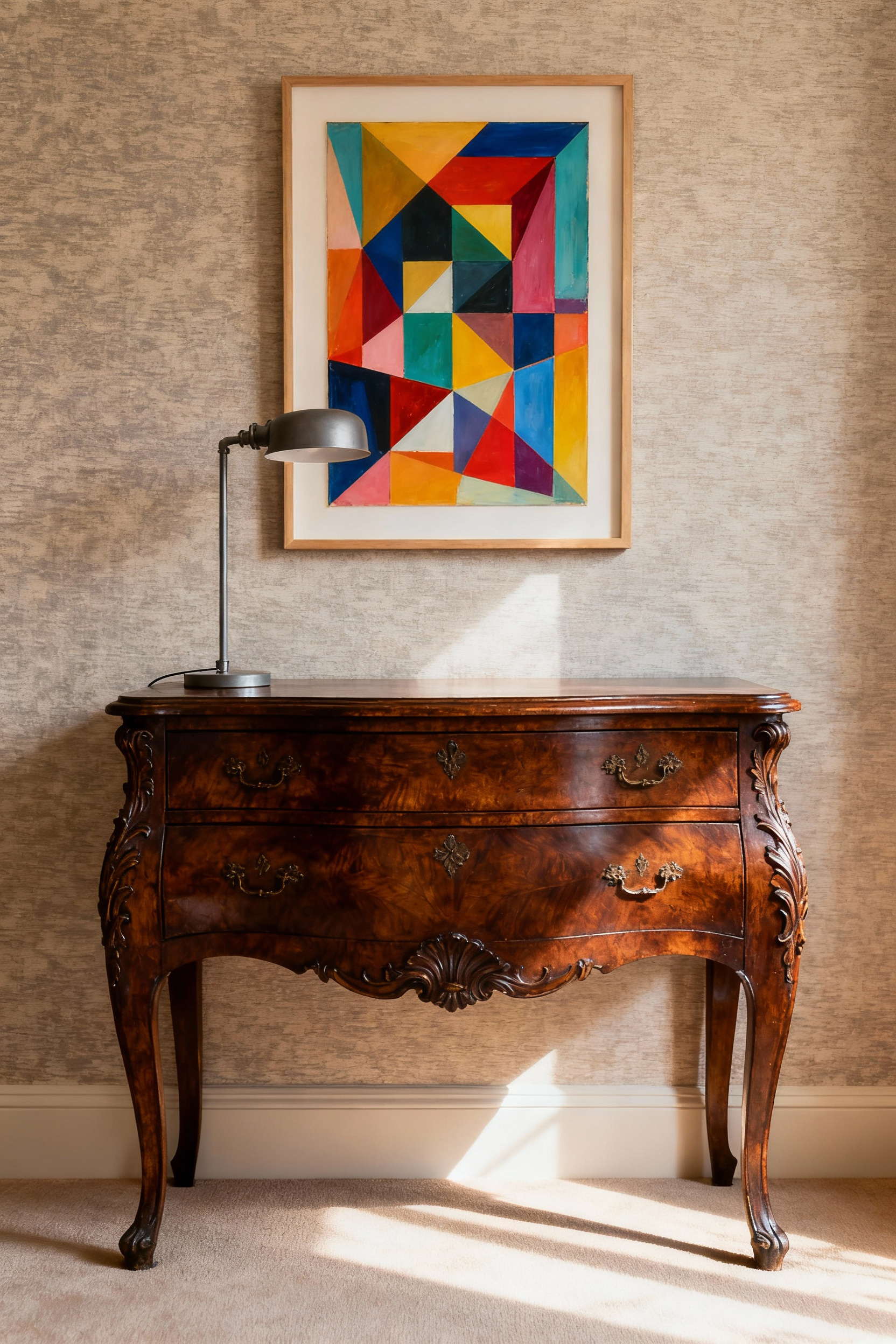 A beautifully curated bedroom blending a dark-wood antique bedside table with a vibrant abstract painting and a sleek industrial lamp, showcasing eclectic vintage and contemporary decor.