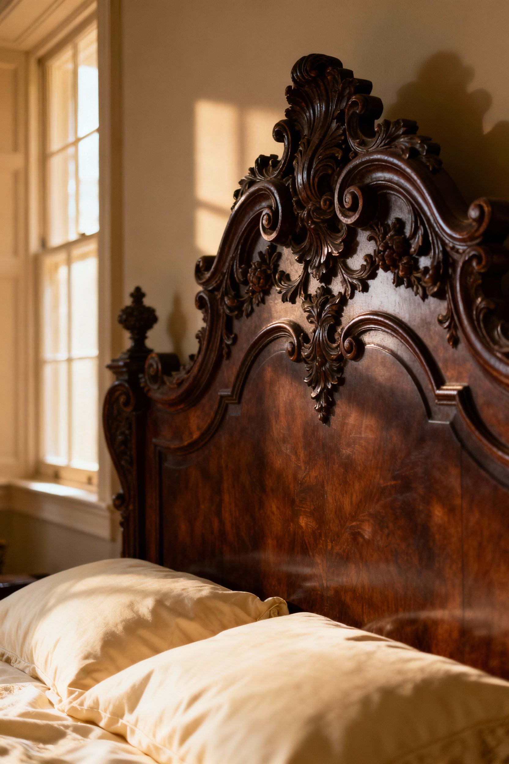 A striking portrait of a vintage bedroom with an intricately carved dark wood ornate headboard, exuding period drama and classic elegance.