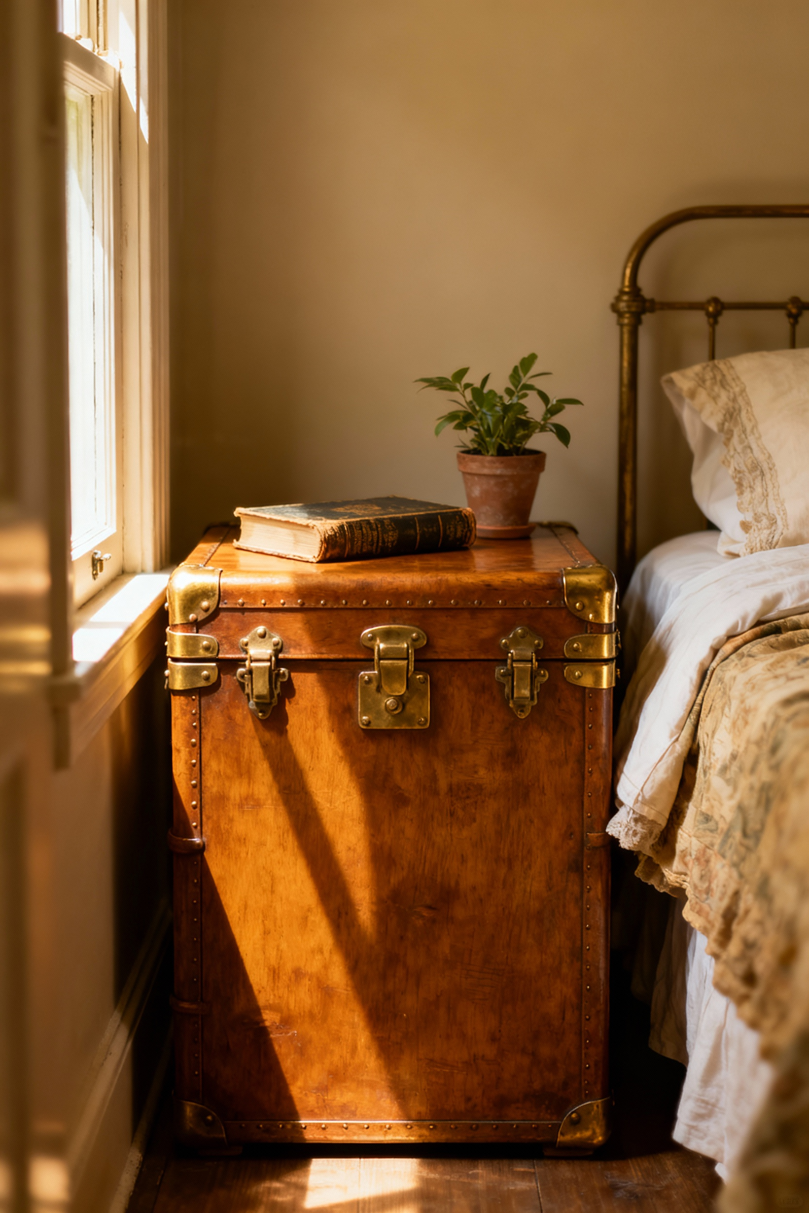 A charming vintage bedroom showcasing a repurposed antique steamer trunk as a nightstand, optimizing a small space with elegant storage.