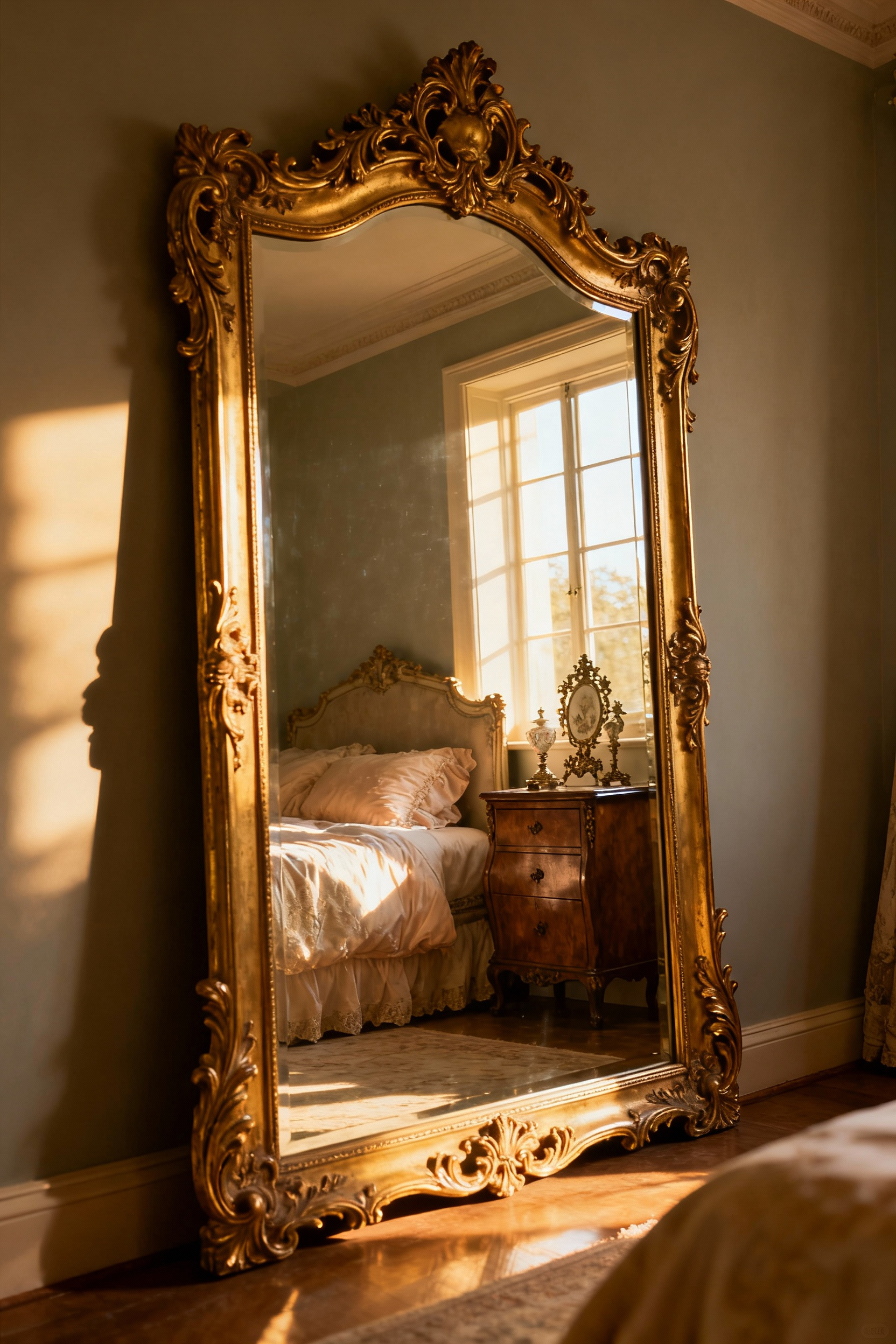 Large ornate gilded vintage mirror reflecting natural light in a beautifully decorated vintage bedroom, making the space feel bright and grand.