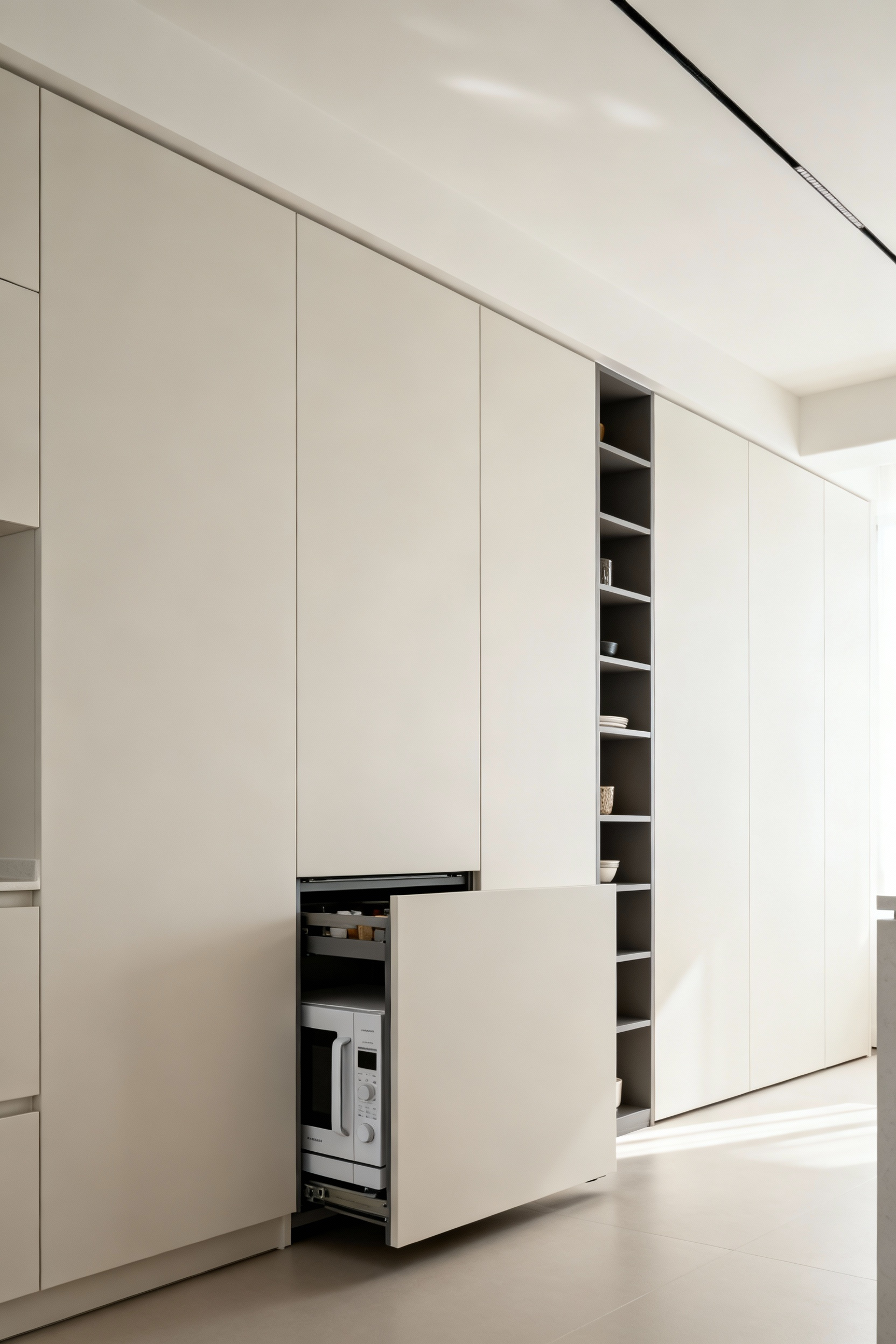Modern kitchen with minimalist white cabinetry featuring a discreetly integrated hidden pantry, partially open to reveal an organized interior with small appliances, emphasizing clean lines and clutter-free design.