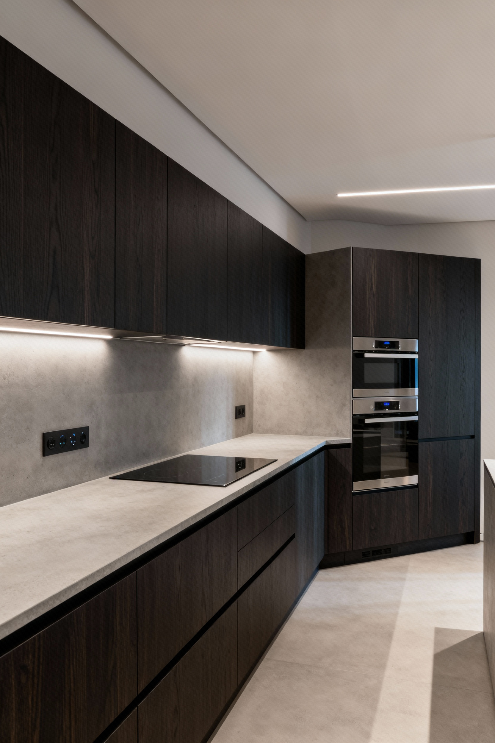 A minimalist modern kitchen interior showcasing integrated appliances and hidden smart technology, conveying voice-controlled operations for seamless, hands-free kitchen management.