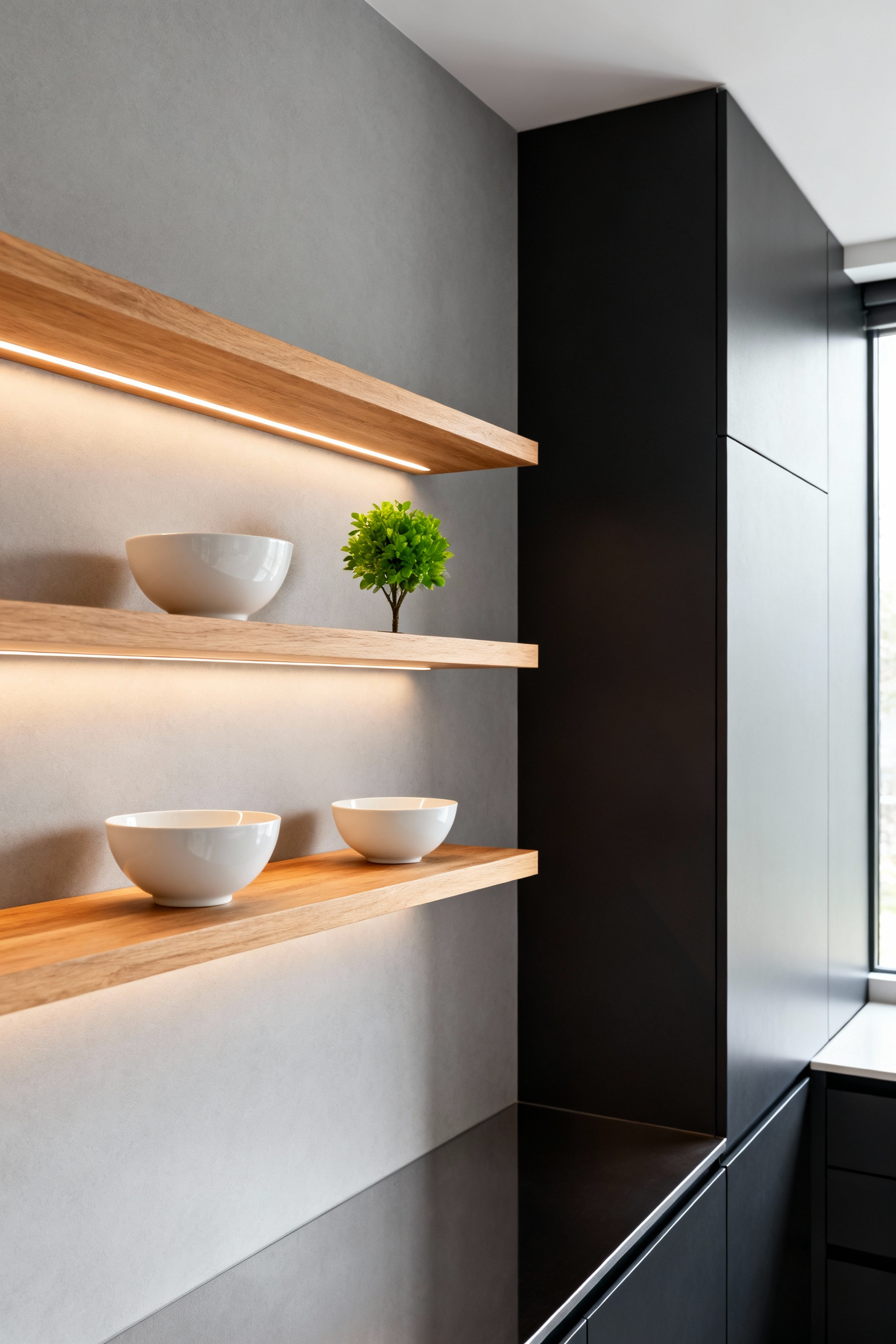 Modern kitchen featuring elegant open wooden shelves on a light grey wall, displaying white ceramic dishes and a plant. Integrated LED lighting illuminates the curated items. A dark, sleek cabinet is partially visible.