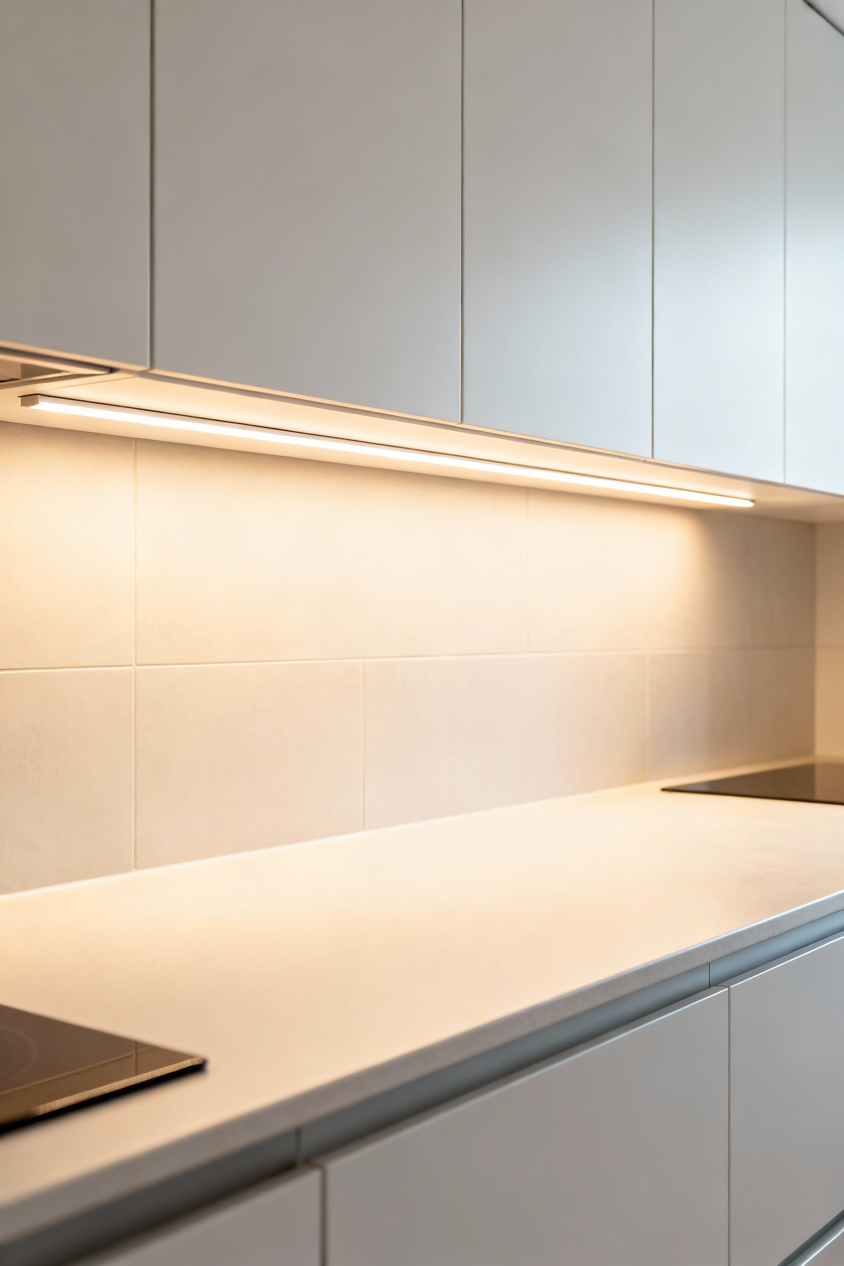 Sleek modern kitchen with concealed under-cabinet LED lighting providing uniform task illumination on a clean countertop.