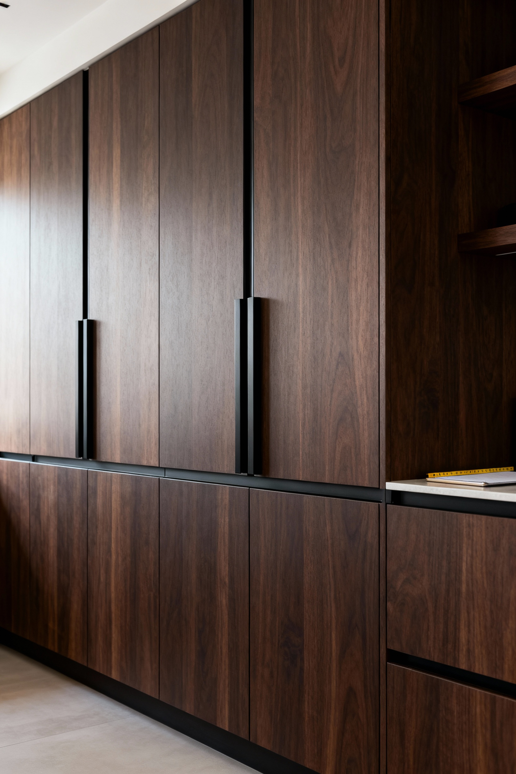 Modern kitchen with statement hardware, sleek cabinet pulls, minimalist design, dark walnut cabinetry, integrated steel handles.