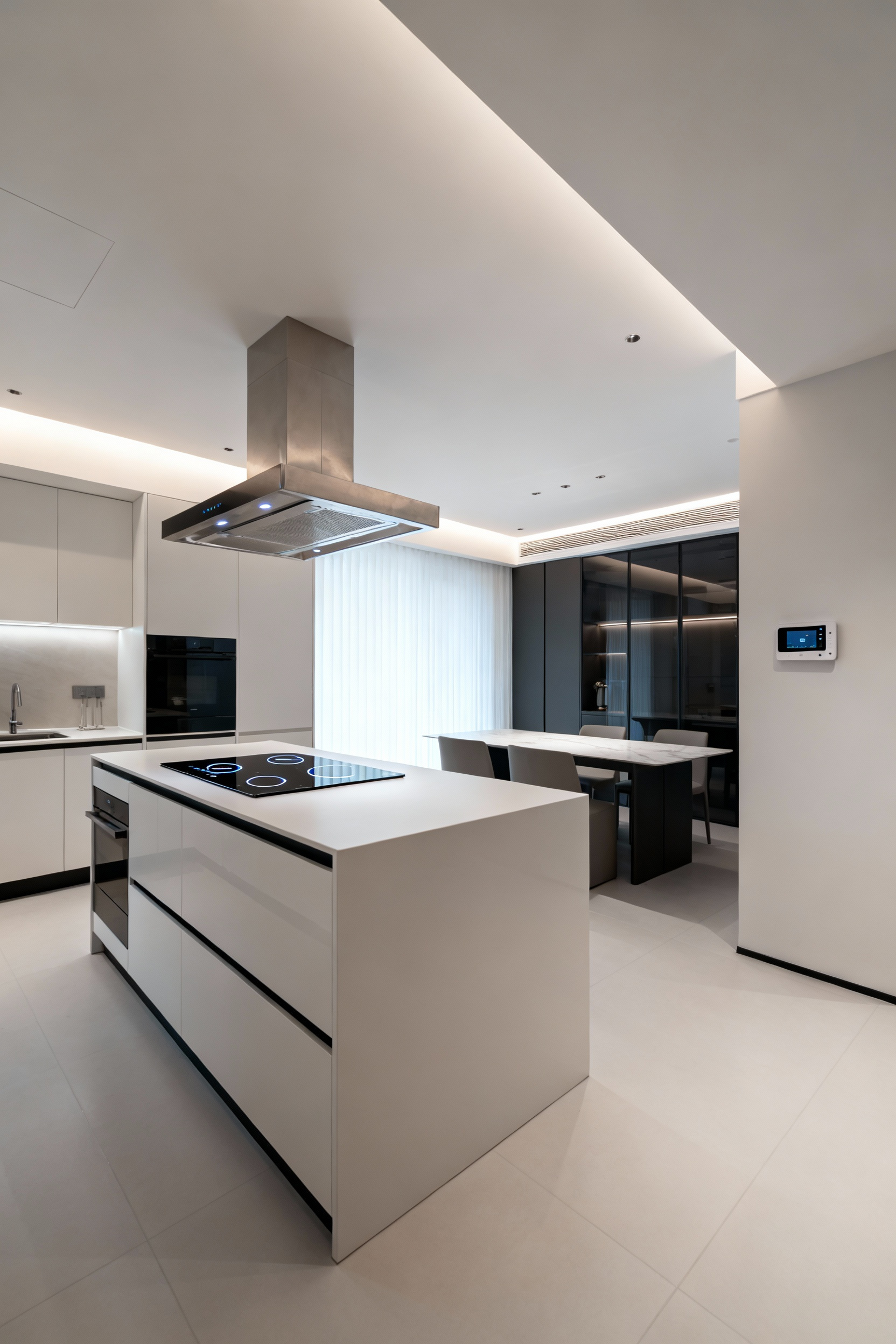 Modern kitchen interior showcasing visible zones for climate control and ventilation, featuring sleek, integrated appliances and a smart thermostat for enhanced efficiency.