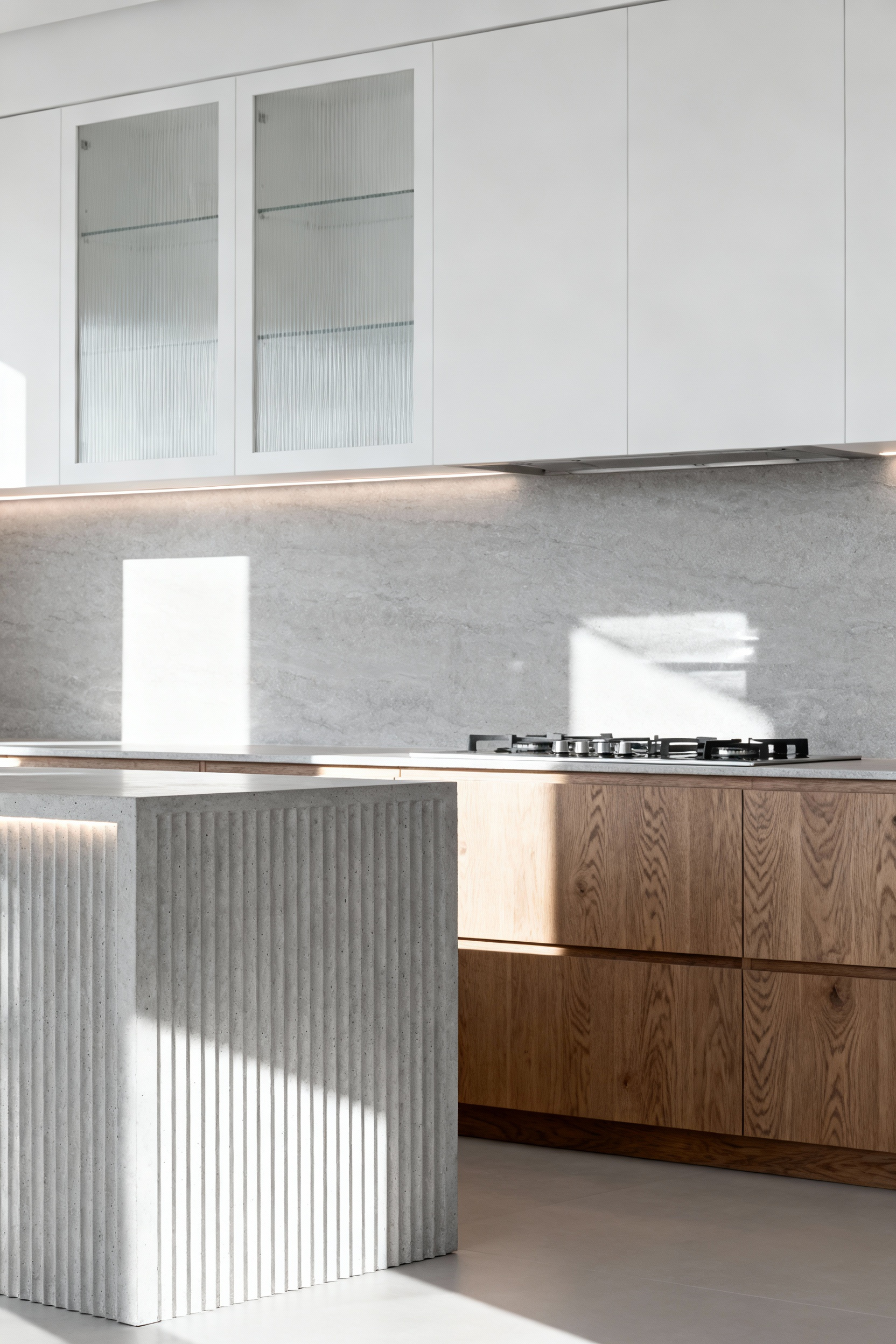 Modern kitchen with textured finishes including fluted concrete island, reeded glass cabinetry, and honed stone backsplash, enhancing a monochromatic design with visual depth.