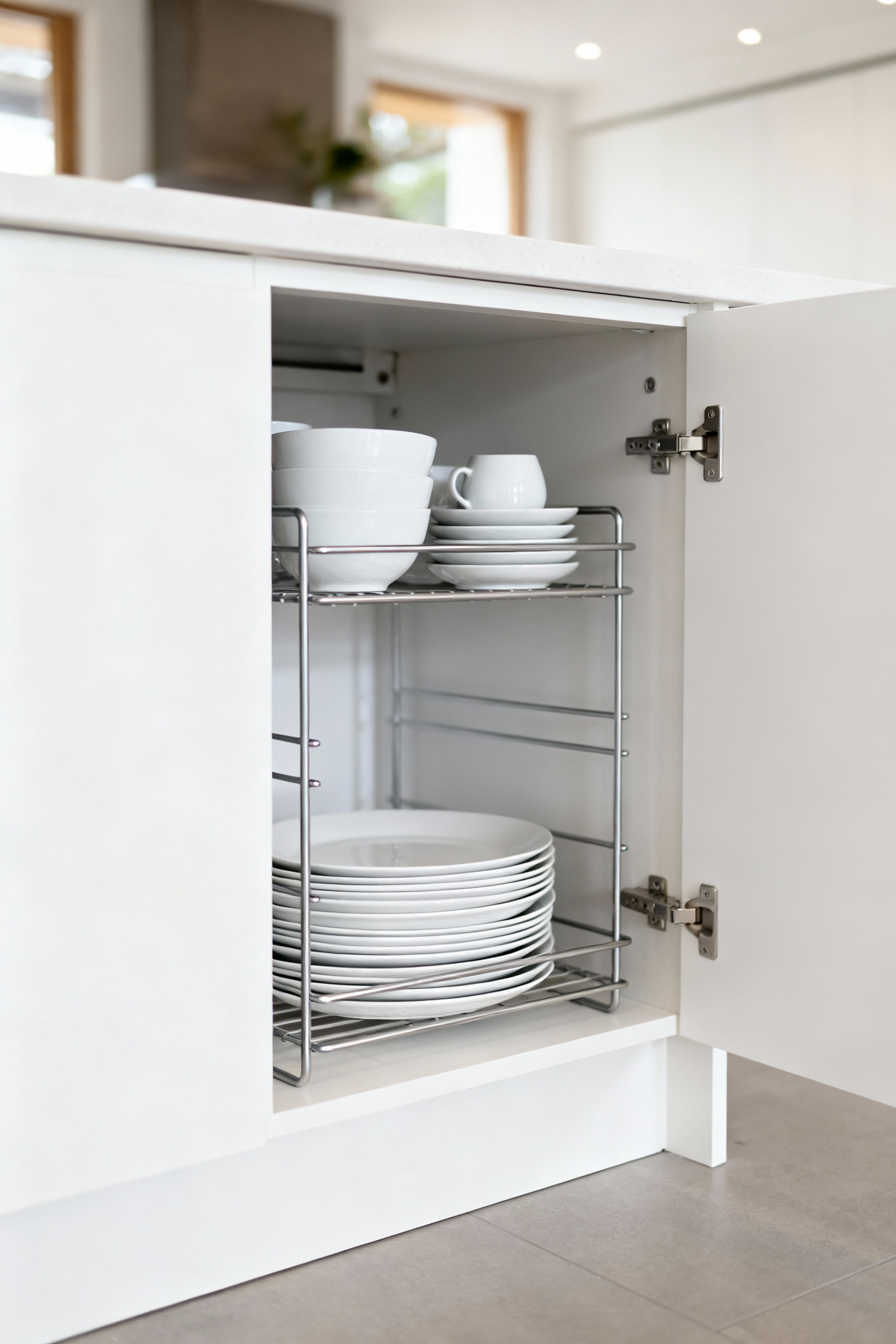 An open white kitchen cabinet featuring a sleek metal tiered shelving insert, organizing stacks of clean white plates and bowls on separate levels, demonstrating efficient vertical storage and decluttering.