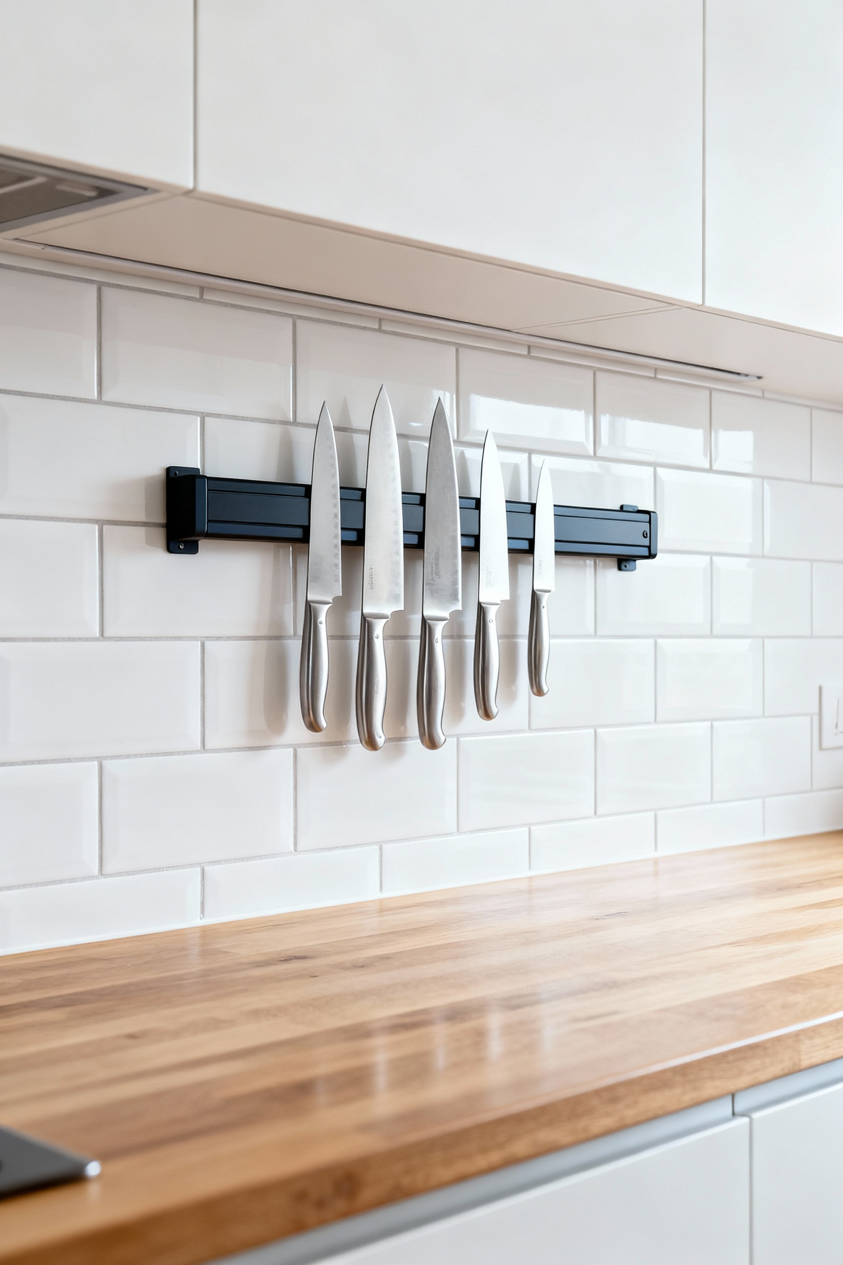 Portrait image of a modern kitchen with a magnetic knife strip holding various knives on a white subway tile wall above a clear wooden counter. Organized kitchen, safe knife storage.