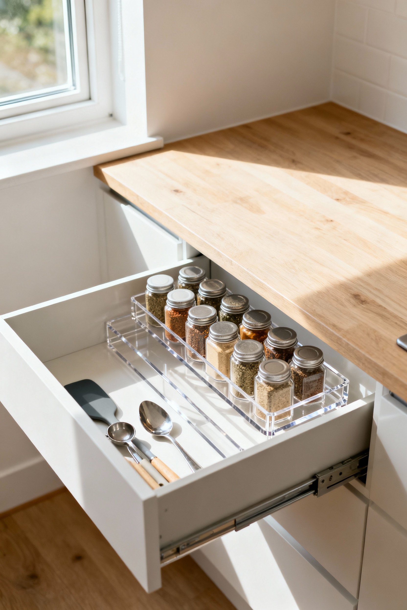 A shallow kitchen drawer featuring clear tiered acrylic dividers, neatly organizing spice jars and small cooking utensils under soft natural light.