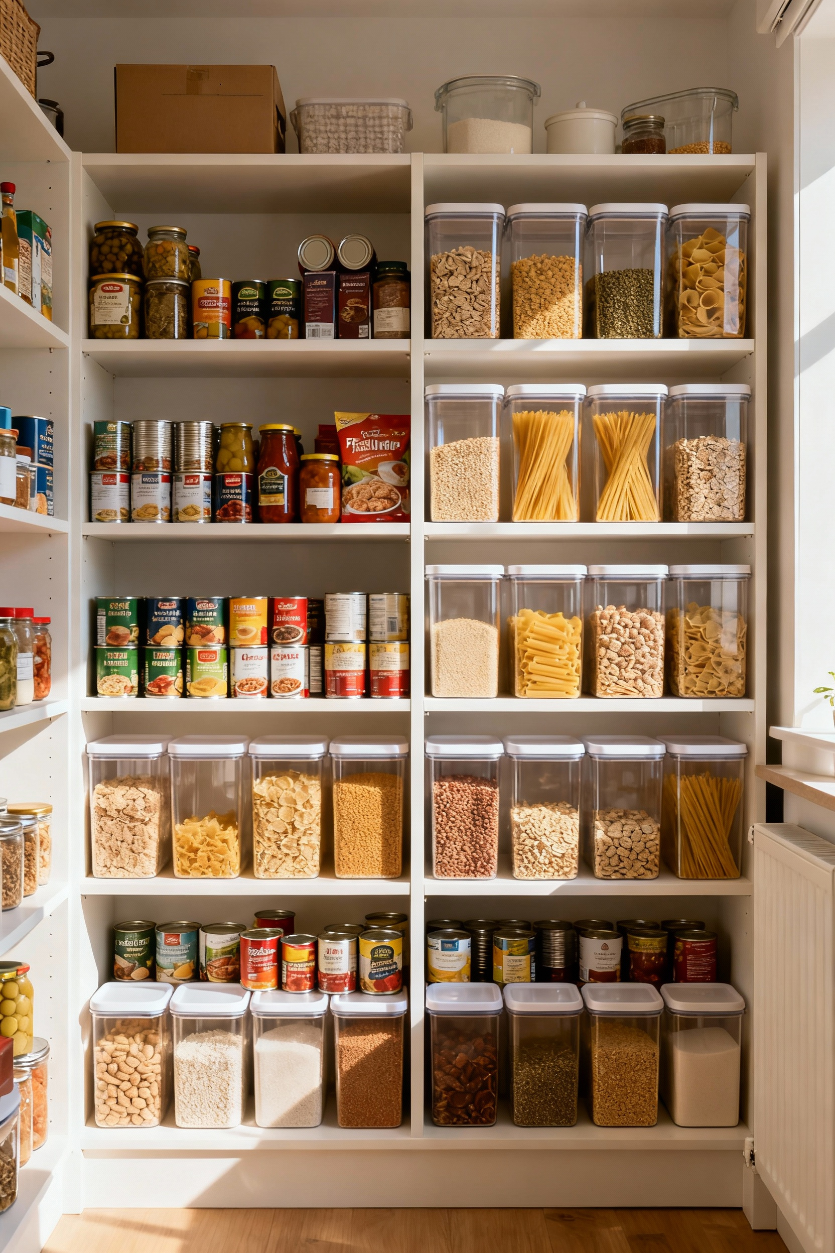 A brightly lit, organized kitchen pantry shelf featuring clear storage bins with neatly arranged dry goods, showcasing the 'First-In, First-Out' (FIFO) method for efficient pantry inventory management.