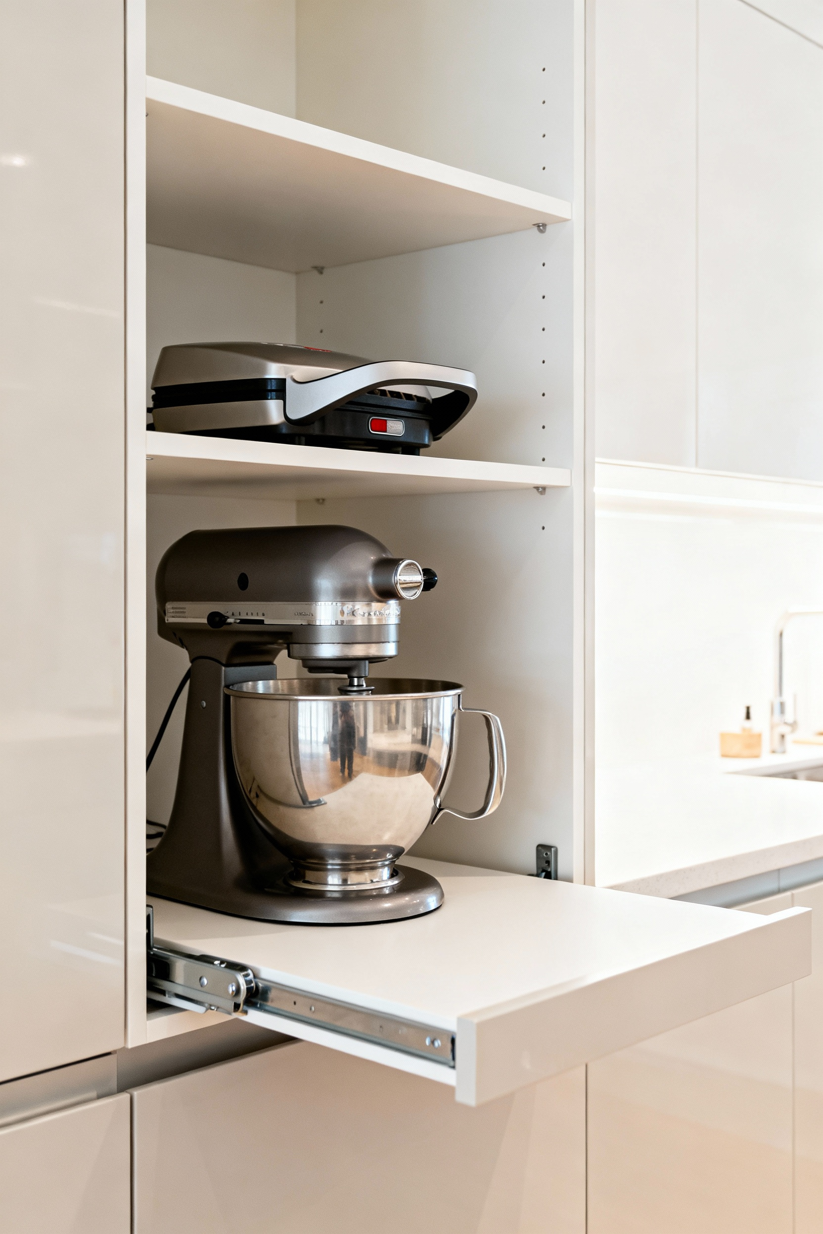 Optimized kitchen cabinet interior with adjustable shelves, neatly storing infrequently used appliances like a stand mixer and waffle maker, demonstrating ergonomic access and smart organization.