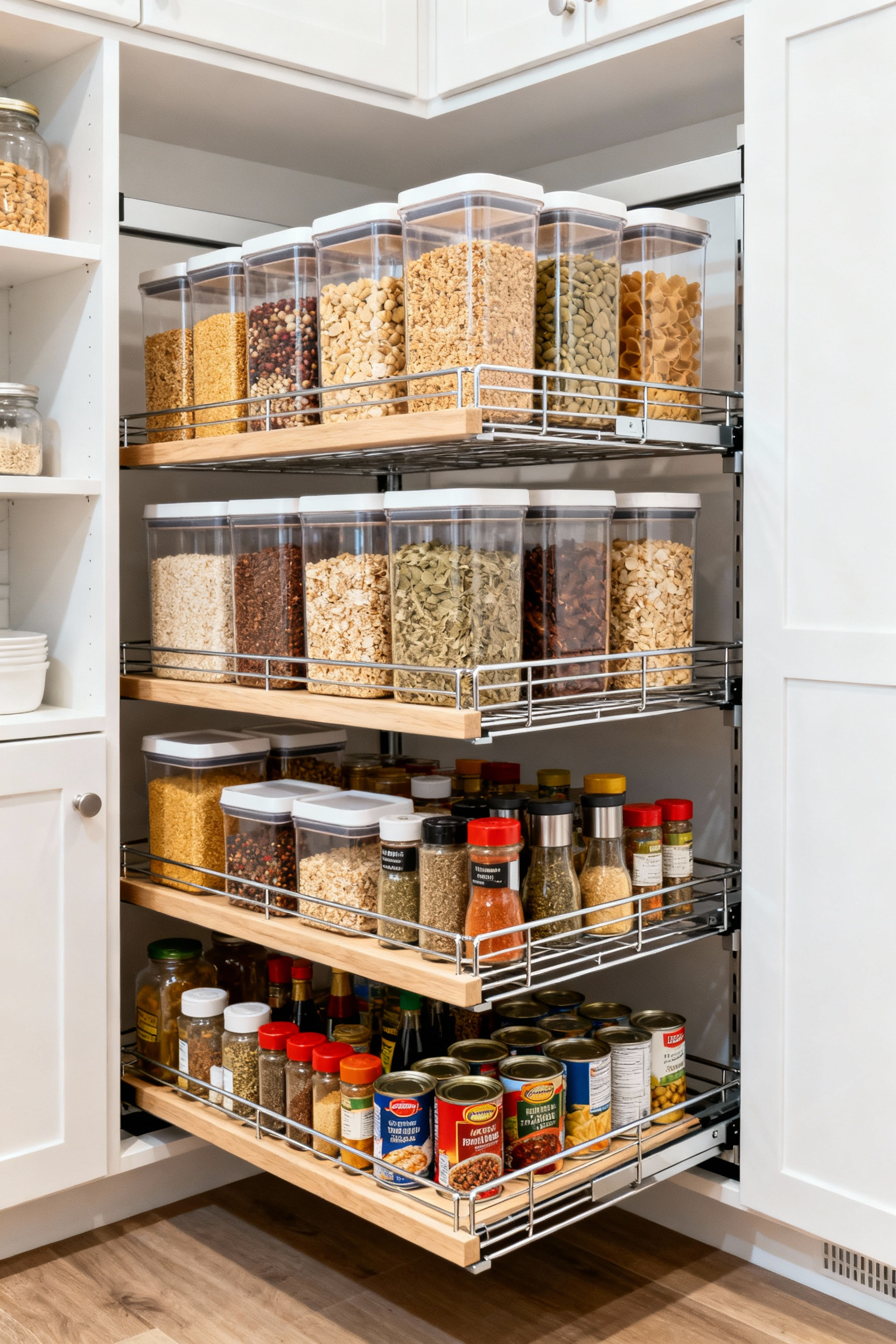 An organized pantry corner with pull-out shelves extended, showing neat clear containers of food and maximizing storage space.