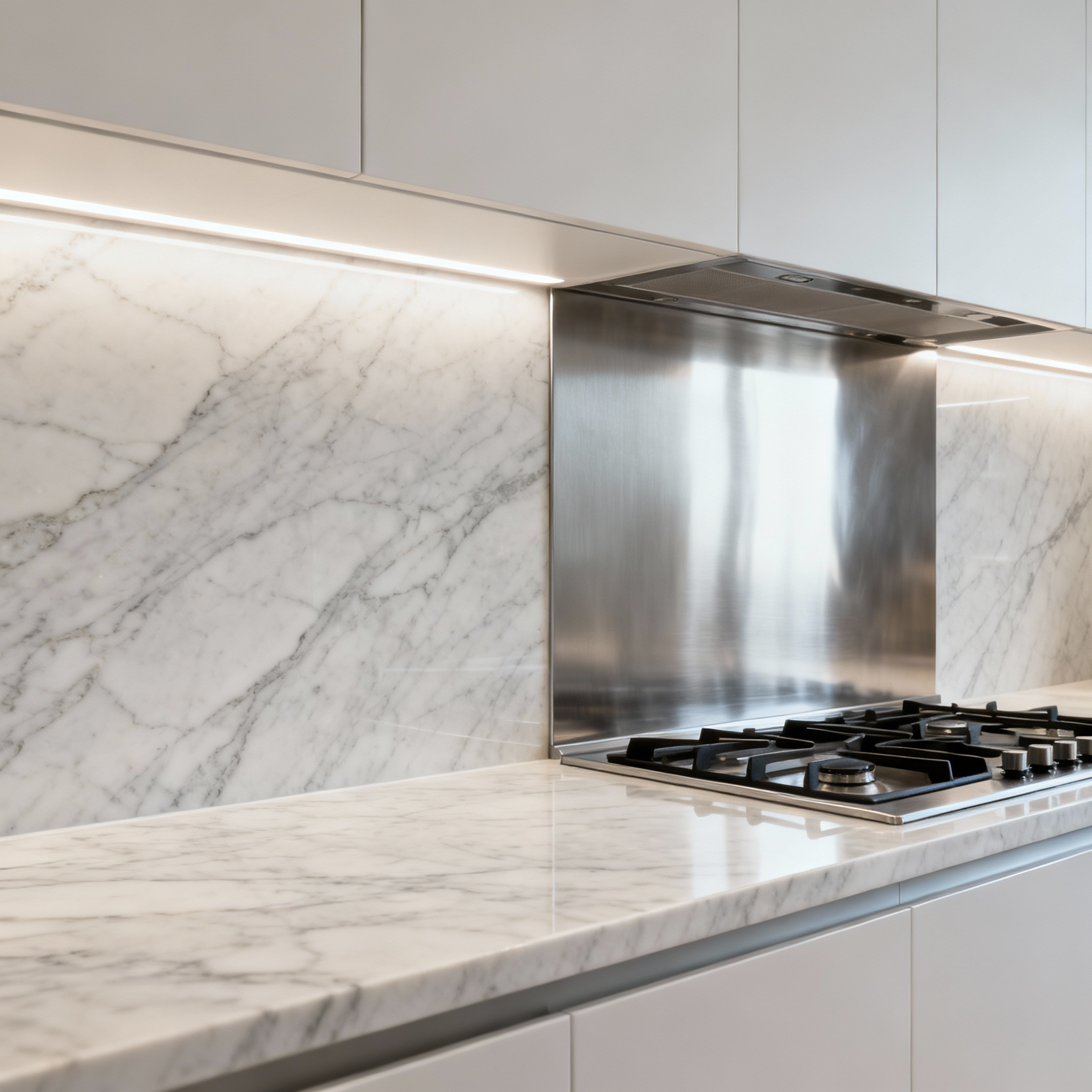 A modern kitchen featuring a sleek, full-height quartzite slab backsplash with subtle veining next to a reflective brushed stainless steel backsplash, illuminated by under-cabinet lighting. Showcasing kitchen backsplash alternatives.
