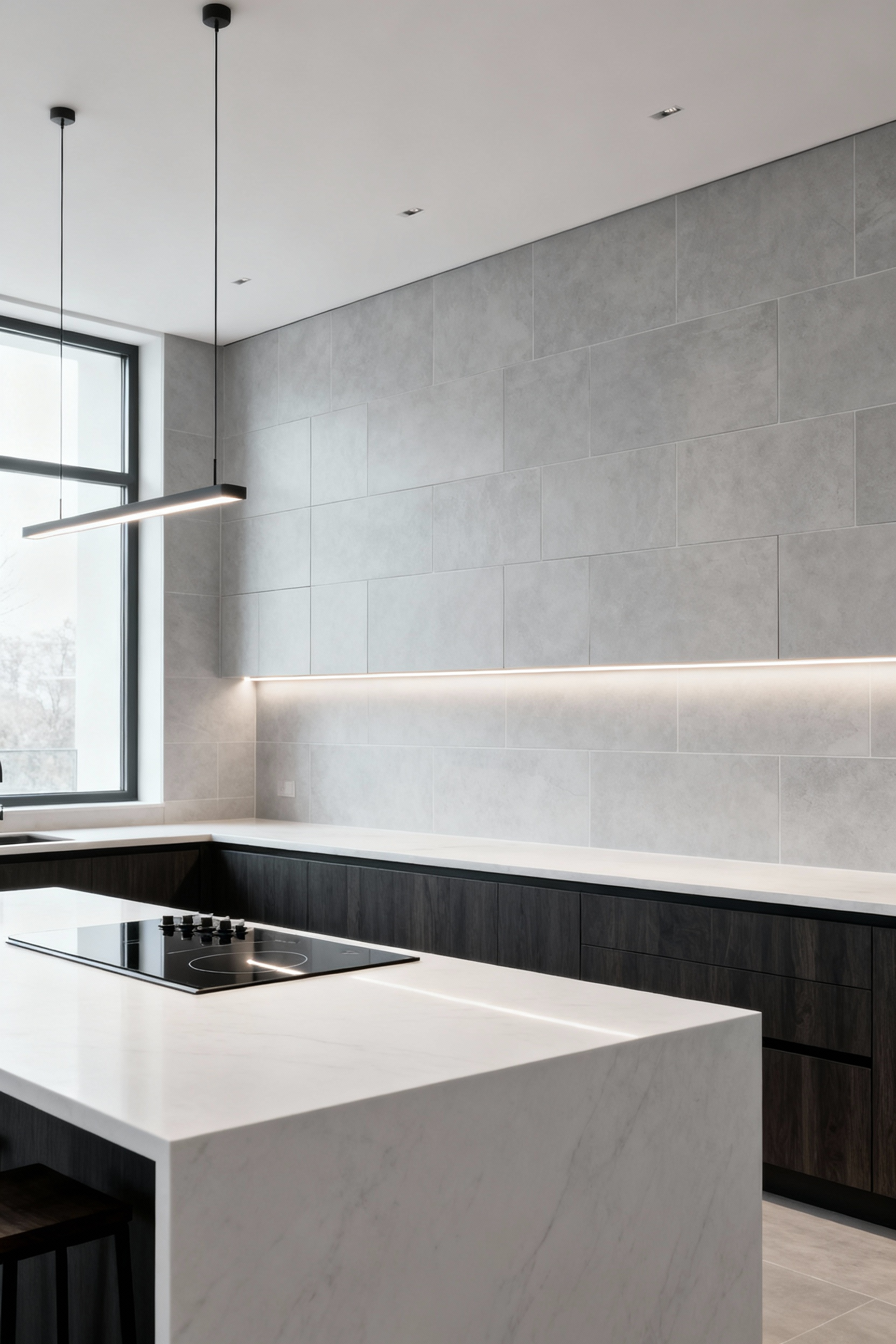 Modern kitchen with a floor-to-ceiling full-wall backsplash in light gray large-format porcelain, behind a sleek cooktop and white quartz counter, enhancing perceived height.