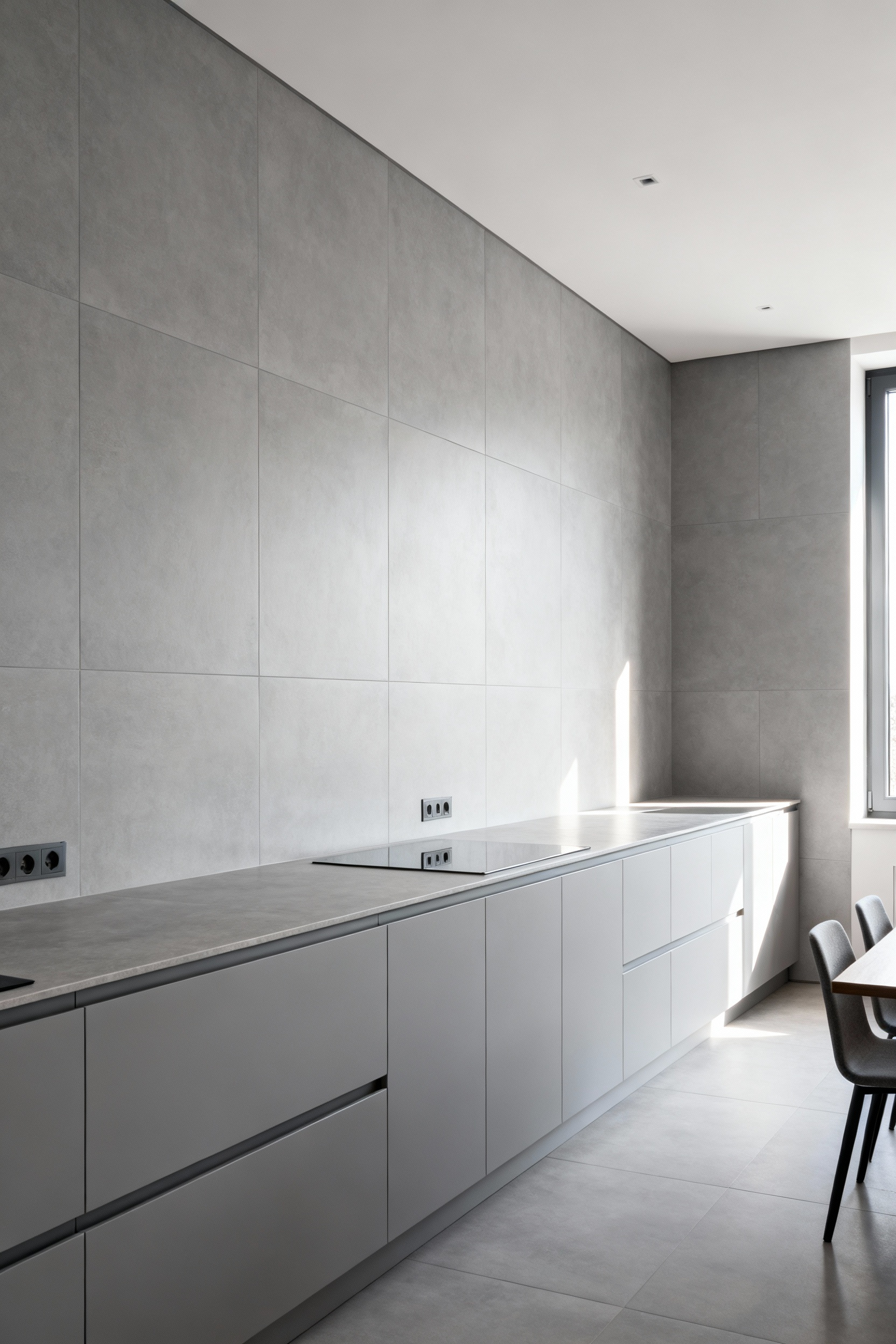 Modern kitchen featuring a continuous extended backsplash made of large light gray porcelain tiles wrapping from the counter to the ceiling and onto an adjacent dining area wall, creating a seamless, minimalist aesthetic.