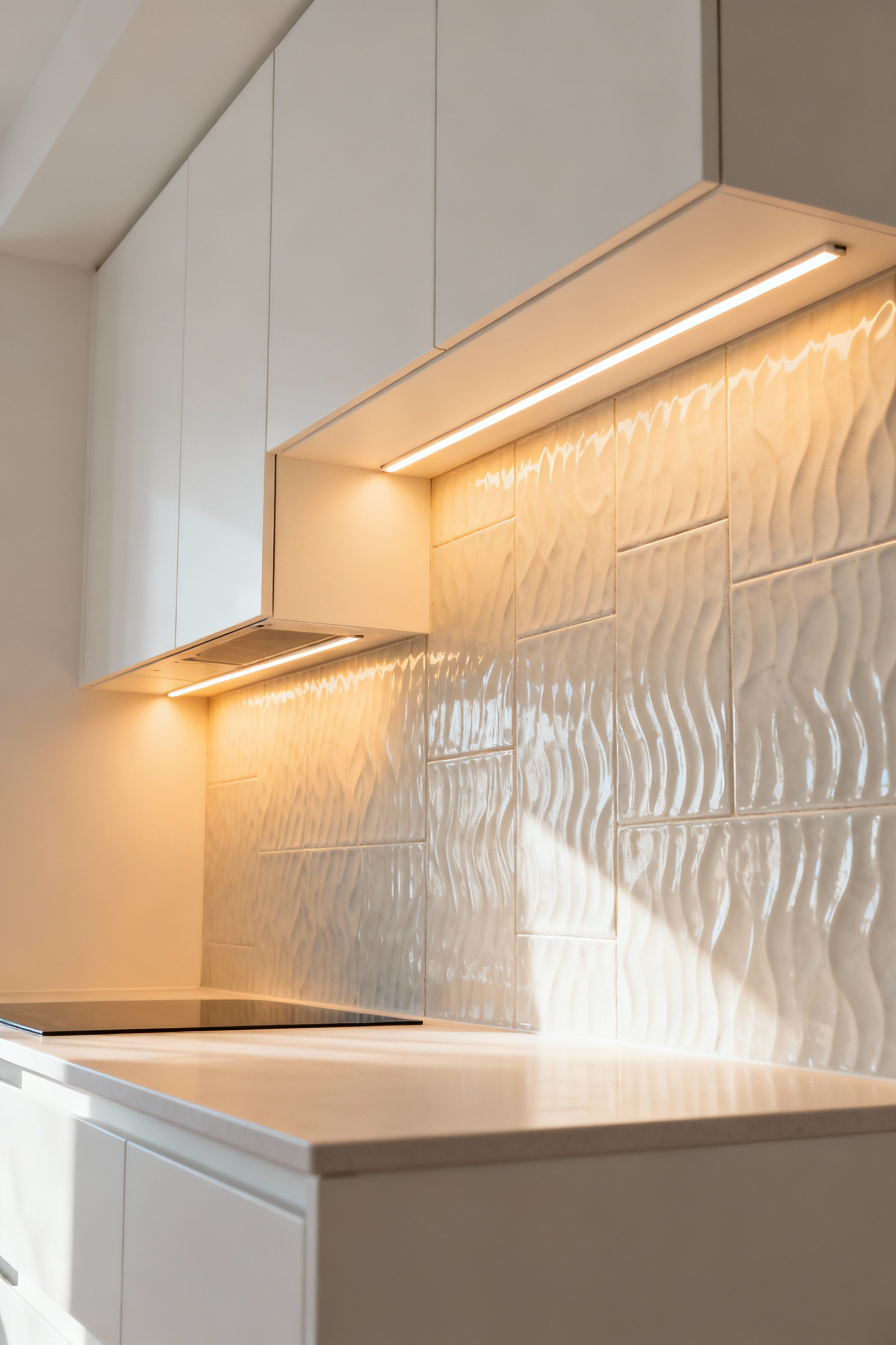 Elegant kitchen with under-cabinet LED lighting illuminating a textured ceramic backsplash, showcasing sophisticated design.