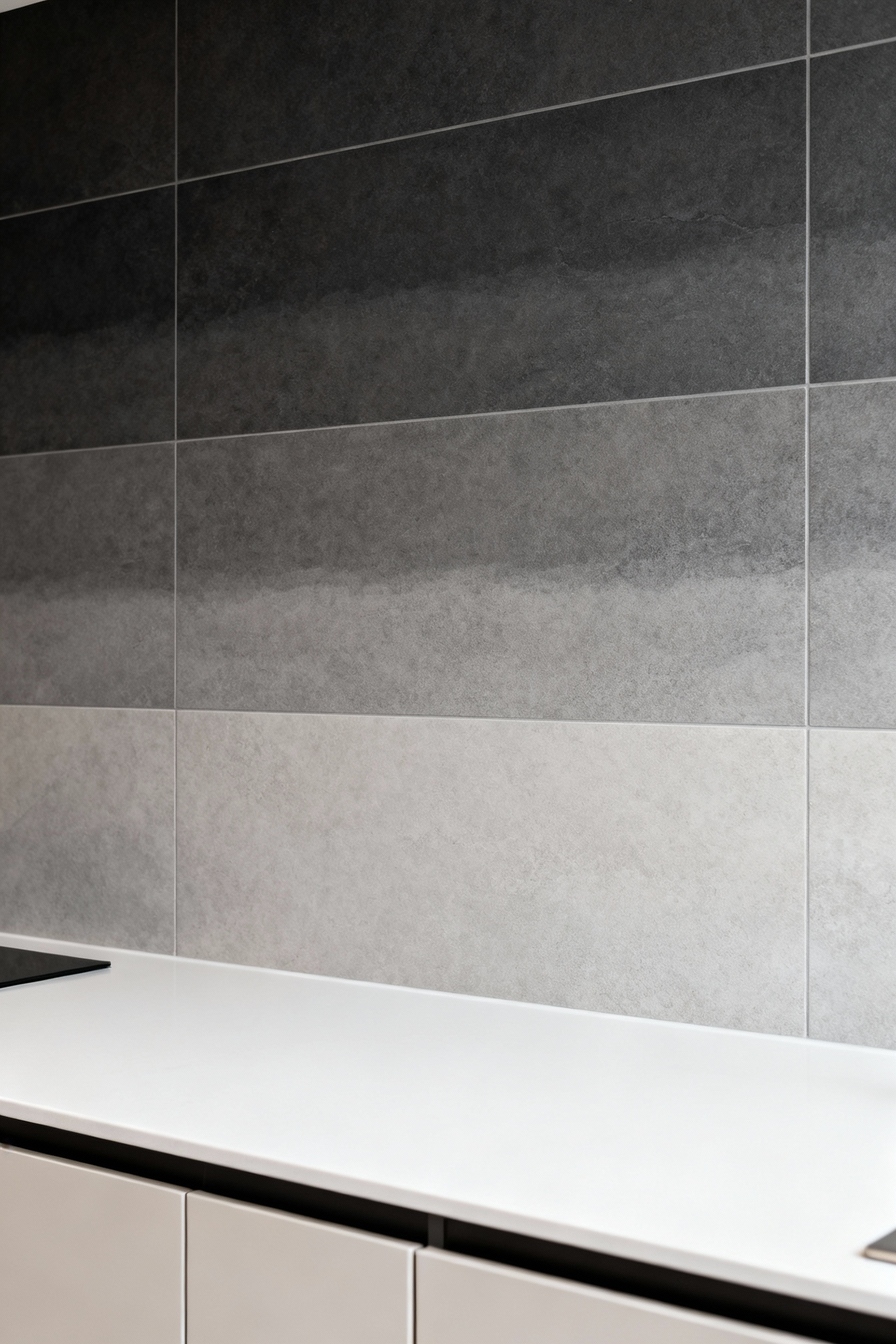 Modern kitchen backsplash featuring subtle gray color gradients, transitioning from dark to light, adding depth and visual interest to the space.