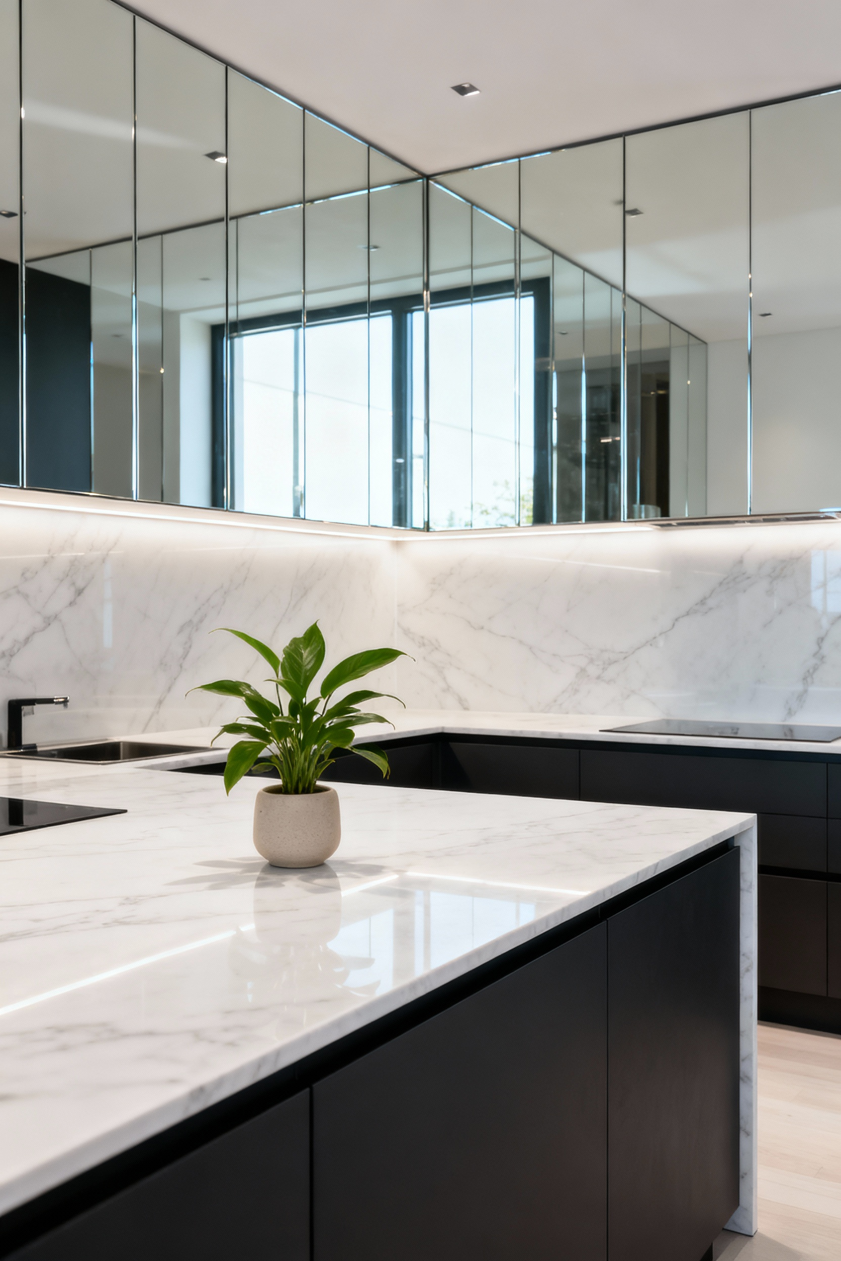 A modern kitchen showcasing a seamless, full-height polished mirrored backsplash reflecting bright natural light, creating a visually expanded and brighter room.