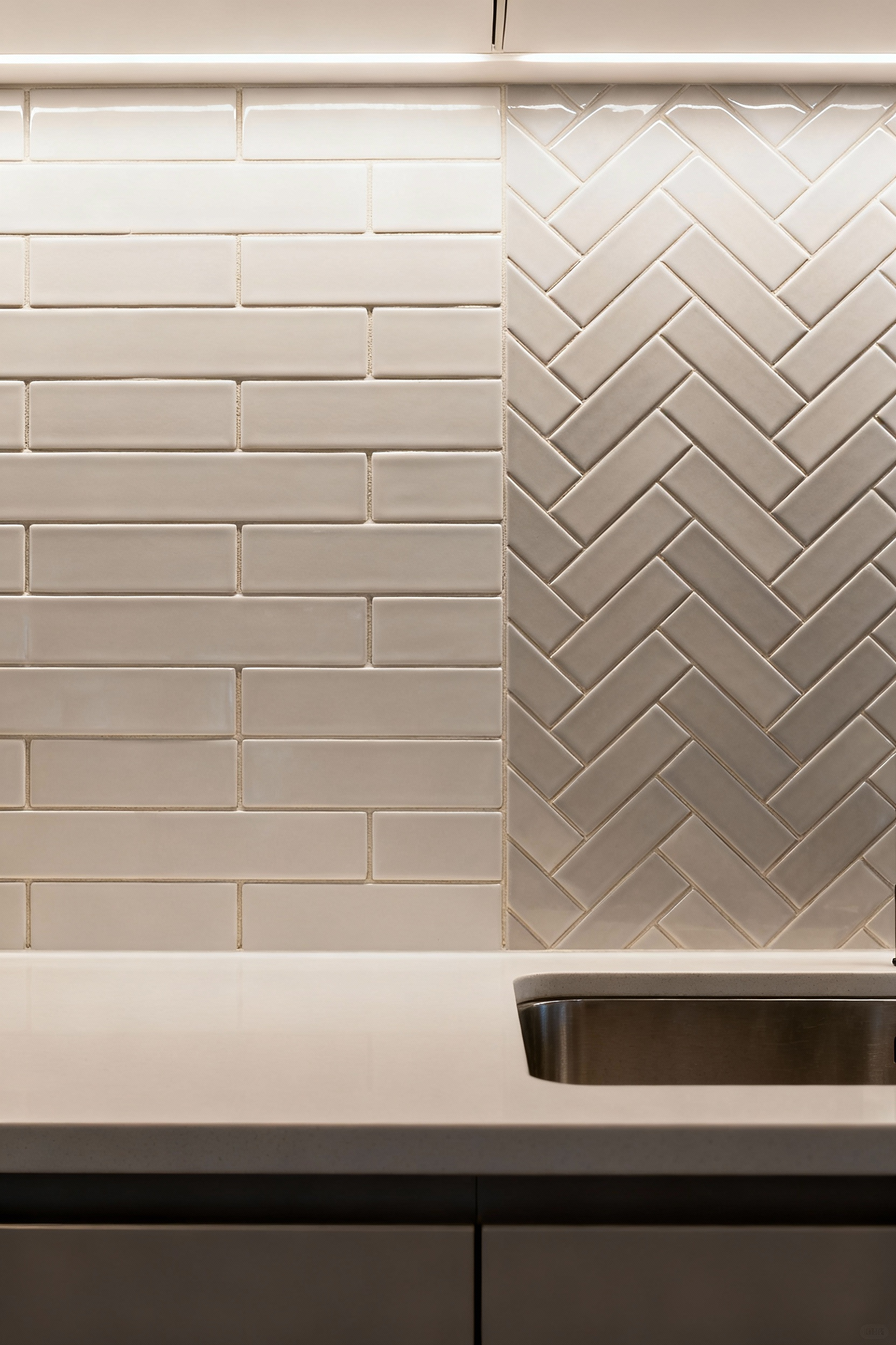 Modern kitchen backsplash featuring a precisely laid pattern transitioning from stacked subway to herringbone tiles, visually guiding the eye across functional zones in a well-lit contemporary space.