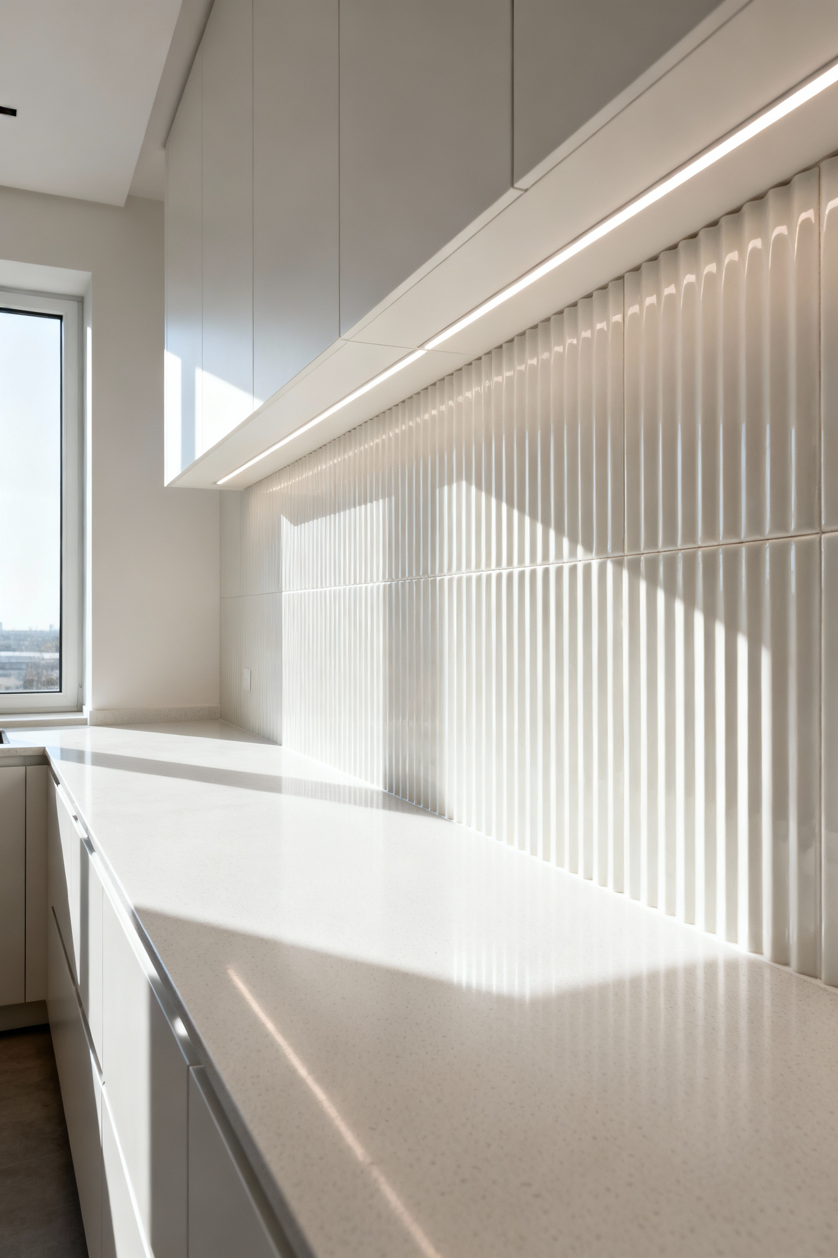 Contemporary kitchen interior showcasing a bright white honed quartz countertop against a textured off-white fluted ceramic tile backsplash. Integrated LED lighting highlights the vertical ridges of the backsplash, creating shadows that emphasize depth and tactile sophistication. No people.