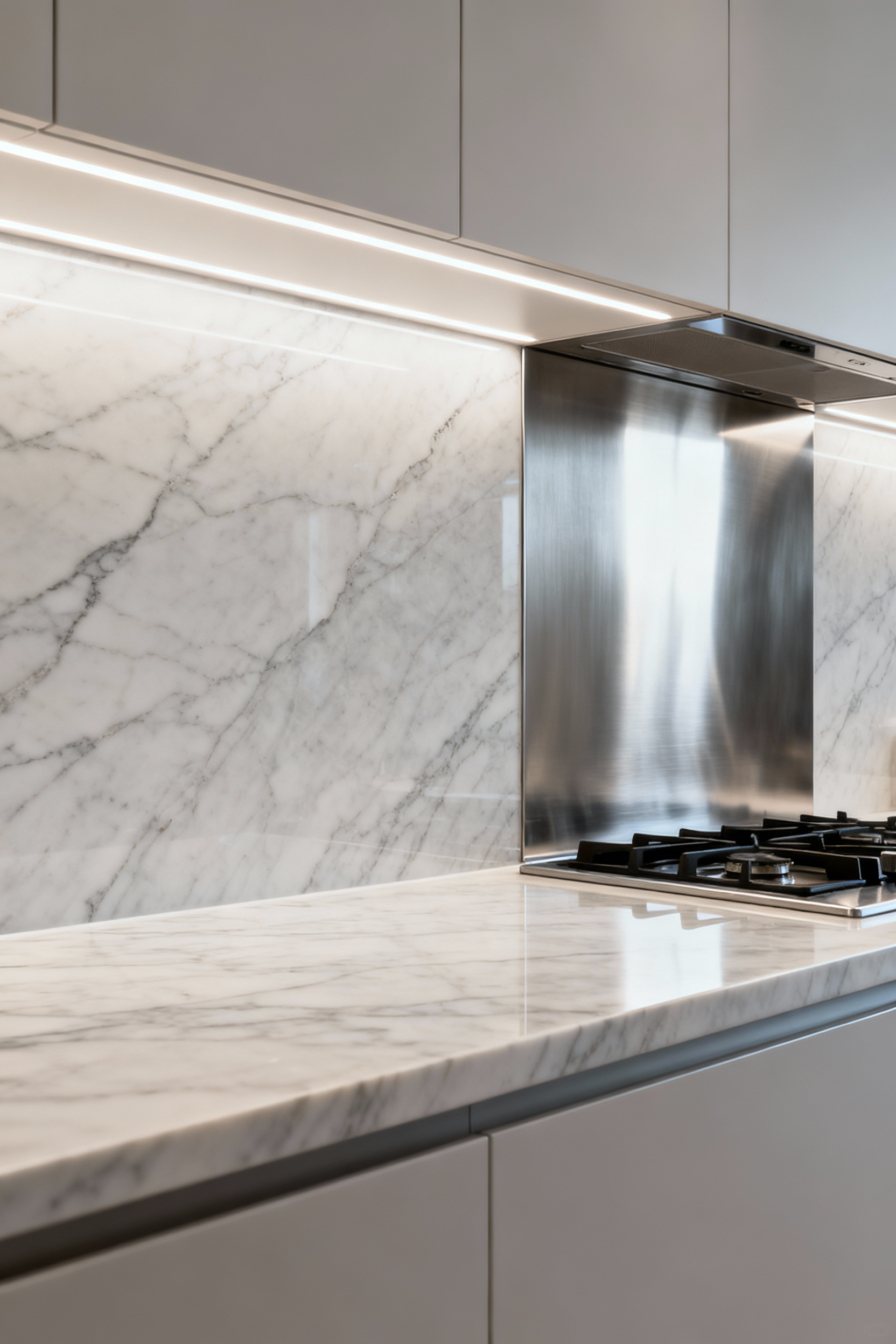 A modern kitchen featuring a sleek, full-height quartzite slab backsplash with subtle veining next to a reflective brushed stainless steel backsplash, illuminated by under-cabinet lighting. Showcasing kitchen backsplash alternatives.