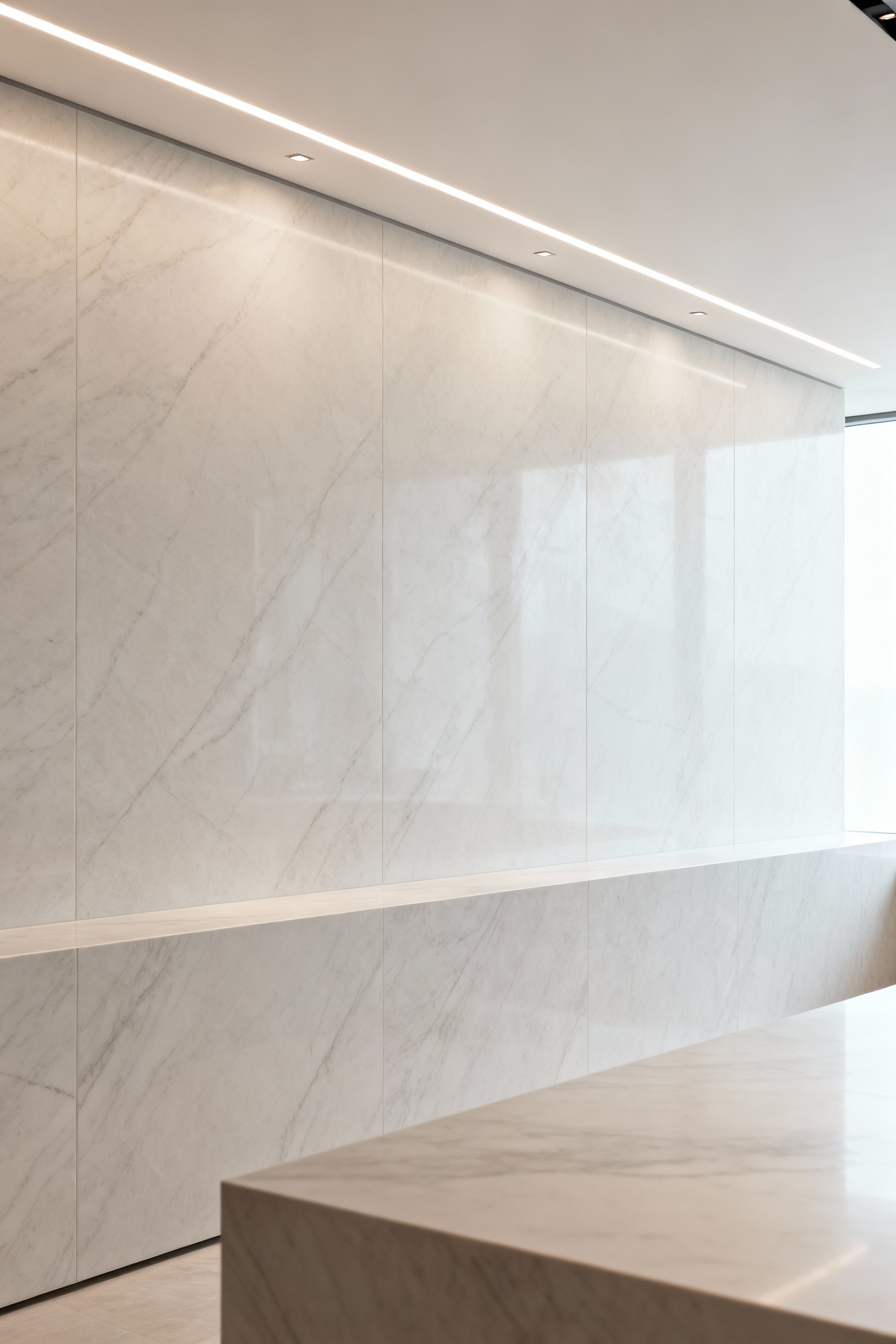 Modern kitchen with an extended backsplash featuring large-format polished Calacatta porcelain slabs reaching from countertop to ceiling, enhancing spatial fluidity with subtle recessed lighting and a seamless edge design.