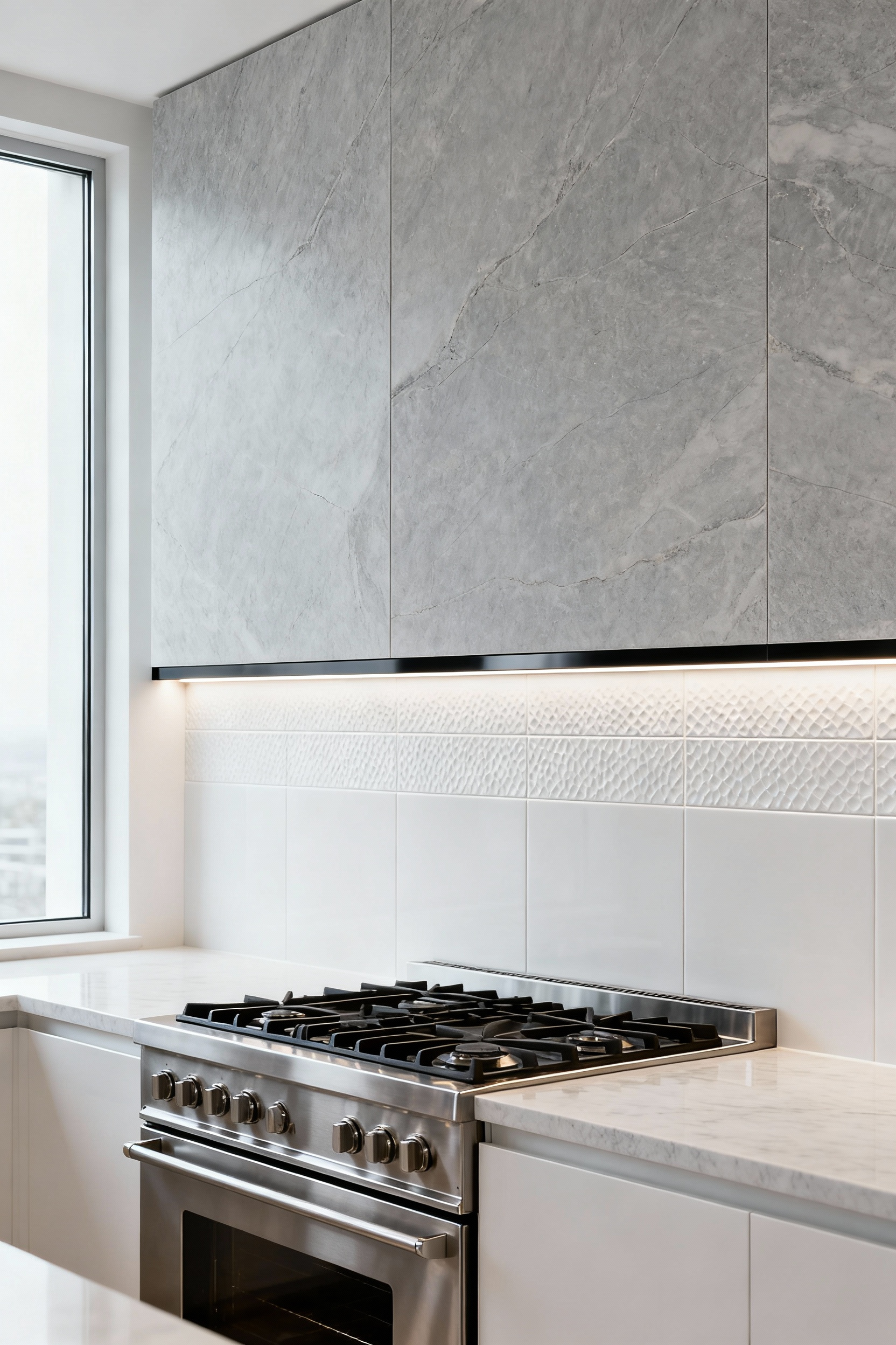 Modern kitchen backsplash featuring a curated combination of large-format light gray natural stone, textured white ceramic tile, and matte black metal inlay, professionally photographed under natural light showing elegant material contrast.