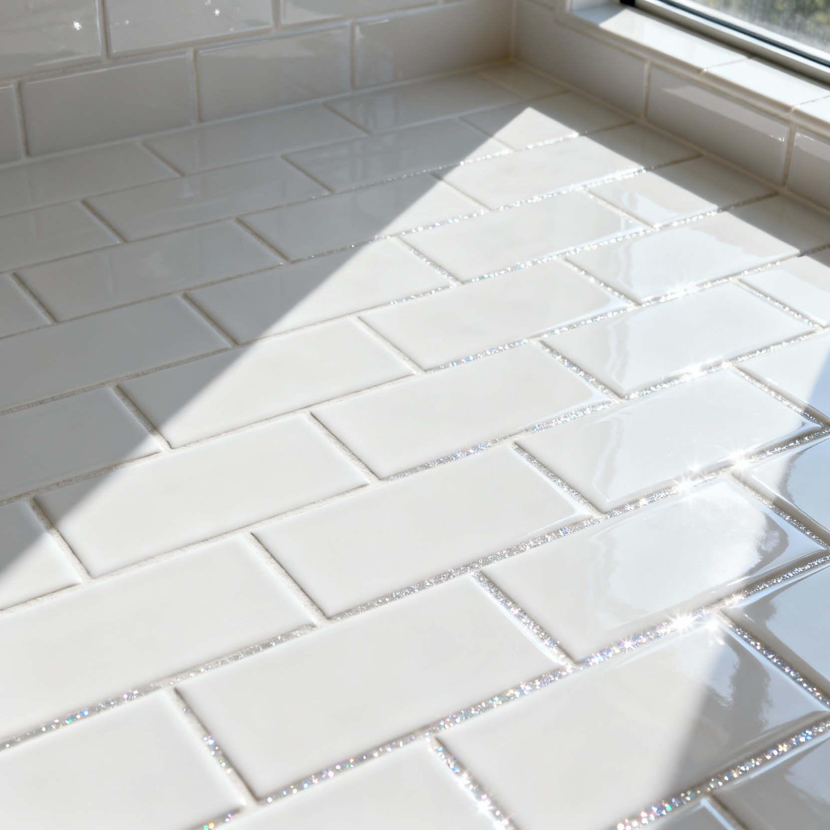 Close-up of sparkling white subway tiles with perfectly clean and whitened grout lines in a brightly lit, modern bathroom, showcasing a pristine and refreshed appearance.