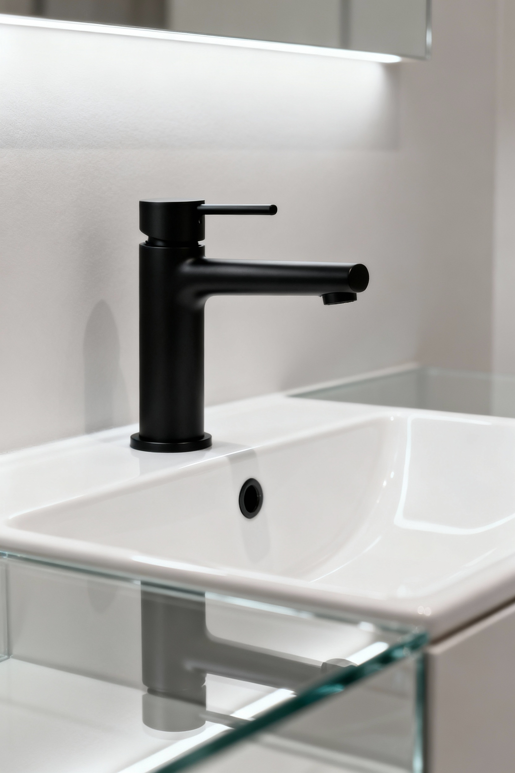 A sleek matte black modern bathroom faucet installed on a white sink, part of a bathroom modernization project.