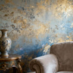 Luxurious bedroom with harmonious chromatic wallpaper, elegant interior design, serene atmosphere, curated color palette for well-being, peaceful sleep sanctuary.