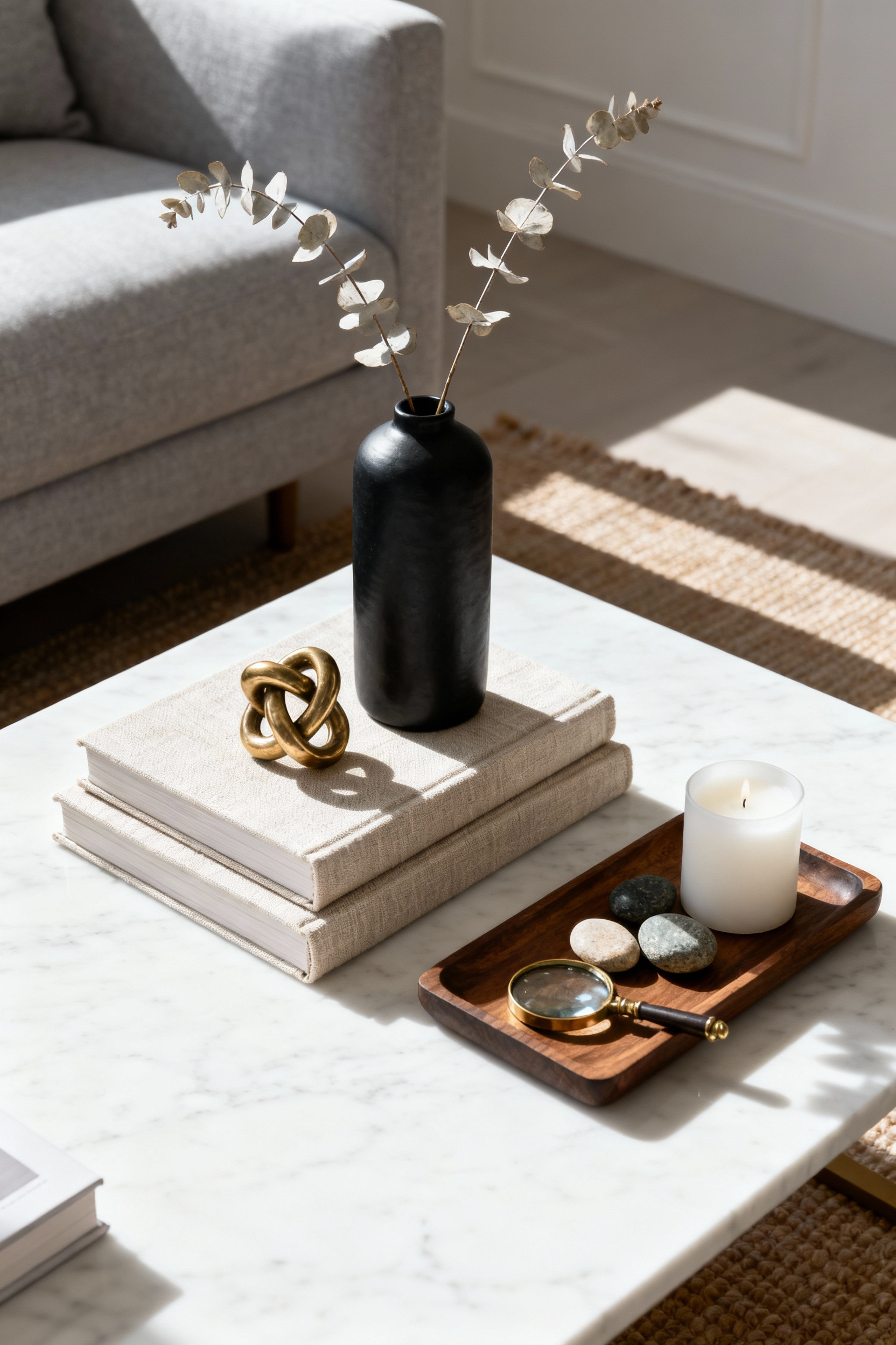 A styled white marble coffee table demonstrating the Rule of Threes, featuring asymmetric groupings of three books, a vase with three stems, and decorative objects.