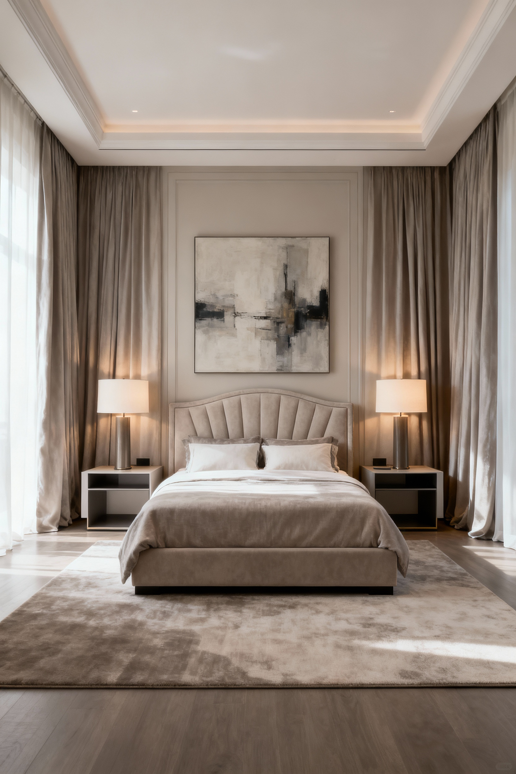 A tranquil master bedroom demonstrating impeccable scale and symmetry, with a centered bed flanked by identical nightstands and lamps, floor-to-ceiling curtains, and a large area rug, all contributing to a harmonious and calm atmosphere.