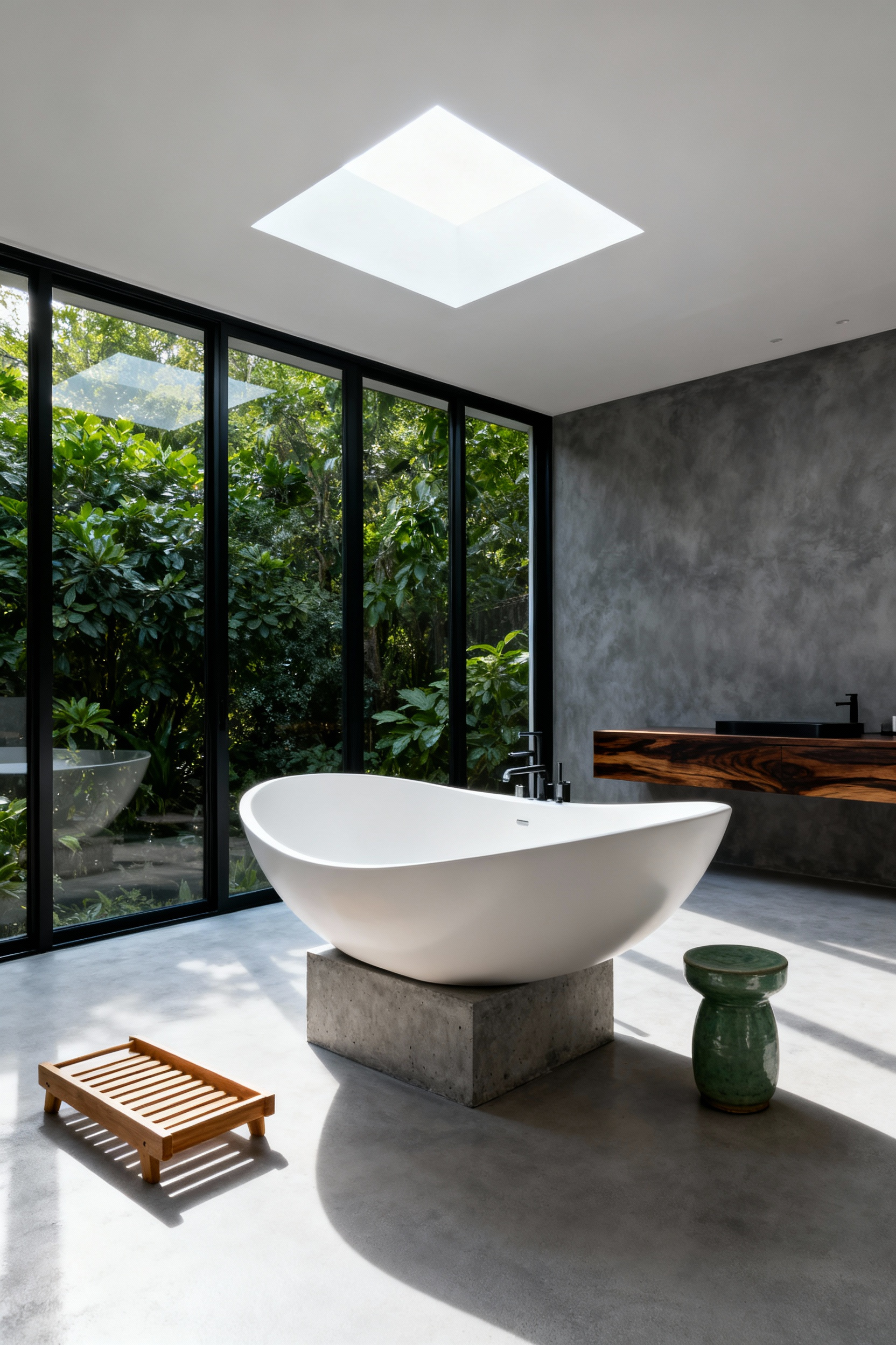 A stunning, modern bathroom featuring a white sculptural freestanding soaking tub centered under a skylight and framed by large windows overlooking nature.