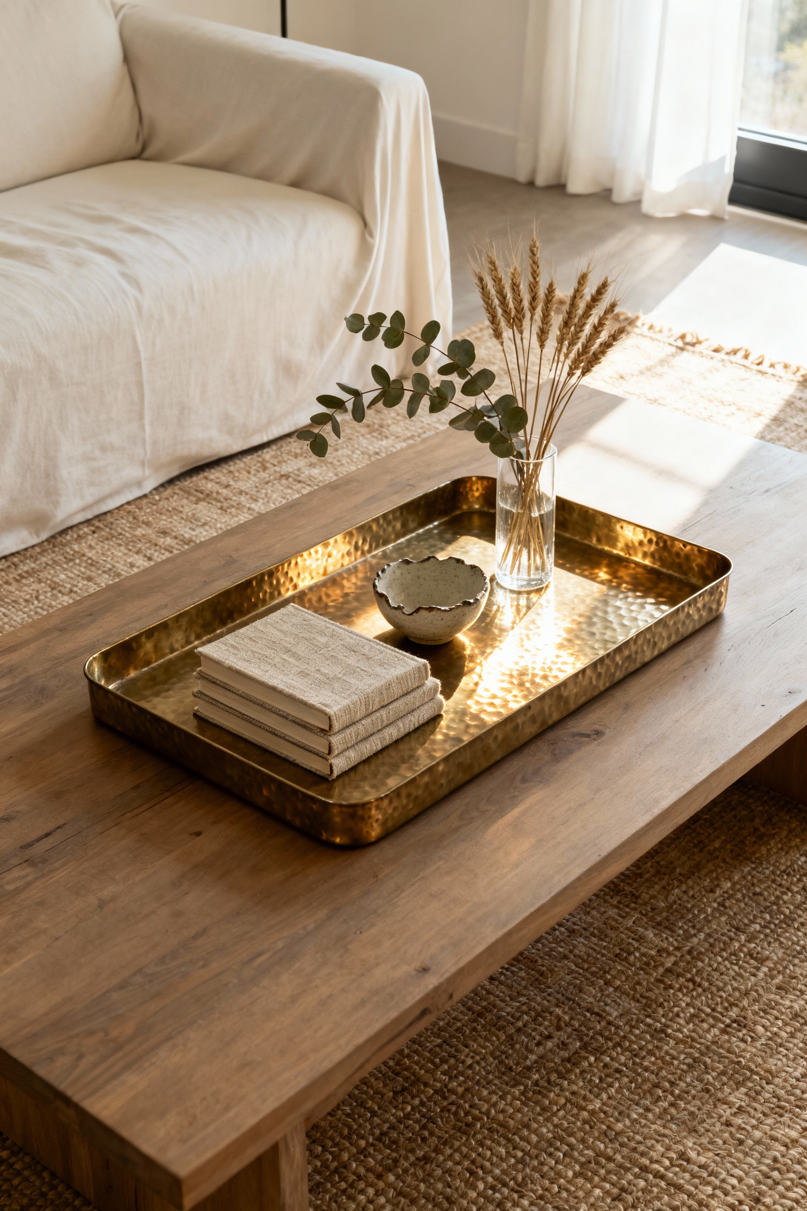 A stylish living room coffee table featuring a curated seasonal vignette arranged entirely within a large hammered brass tray, illustrating the concept of a functional, rotatable collection display.