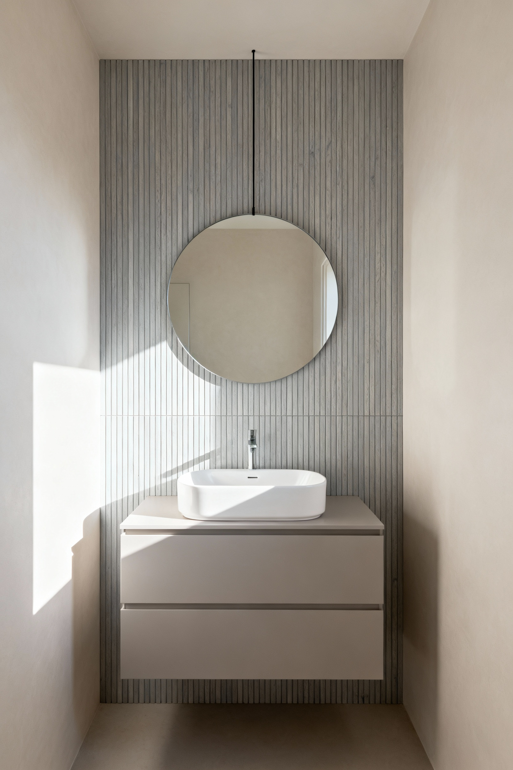 A sophisticated small bathroom with a prominent feature wall covered in elegant, vertical wood slat paneling behind a floating vanity and round mirror, enhancing depth and visual interest.